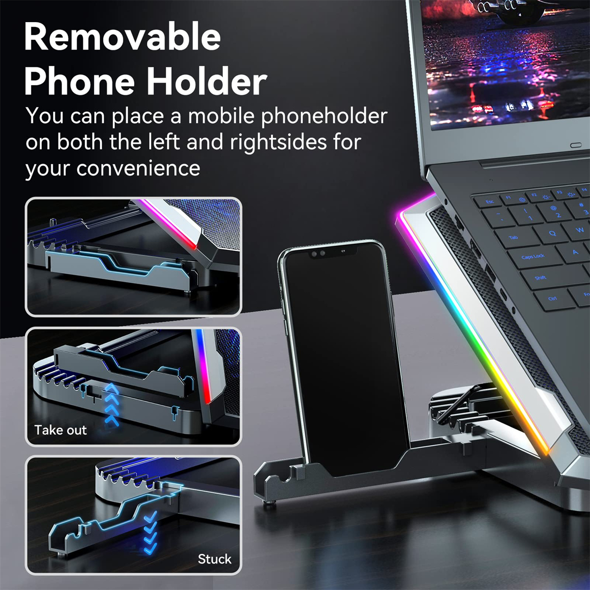 Laptop mit Telefonhalter, Telefon und Diagrammen zur Verwendung des Halters.