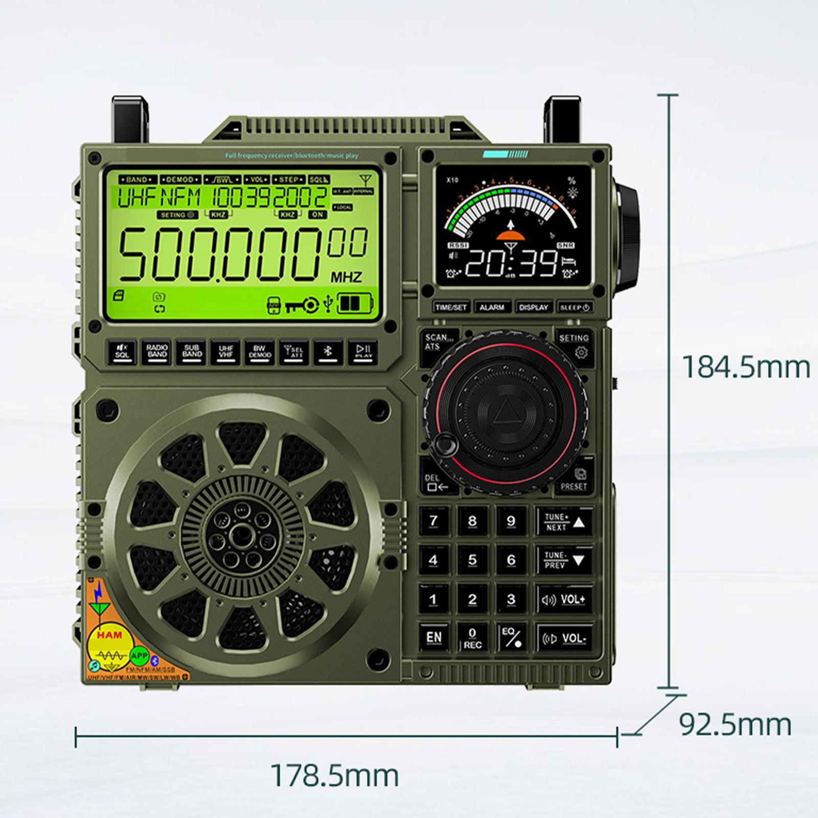 Radio mit grüner Frontplatte mit Display und Tasten. Zeigt Abmessungen: 178,5 mm x 184,5 mm x 92,5 mm.