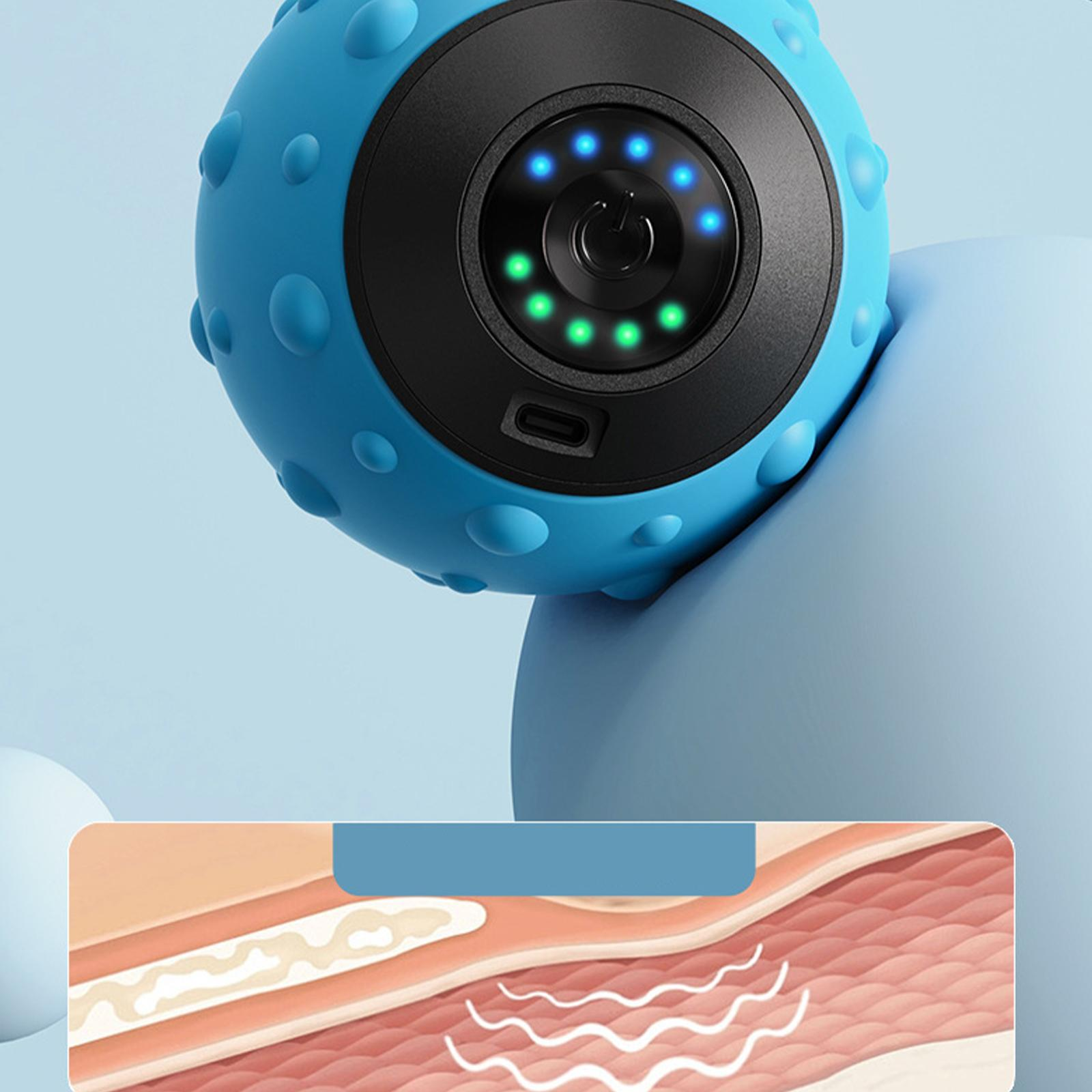 Blauer Massageball mit Noppen, schwarzem Panel mit Lichtern und Diagramm der Hautschichten.