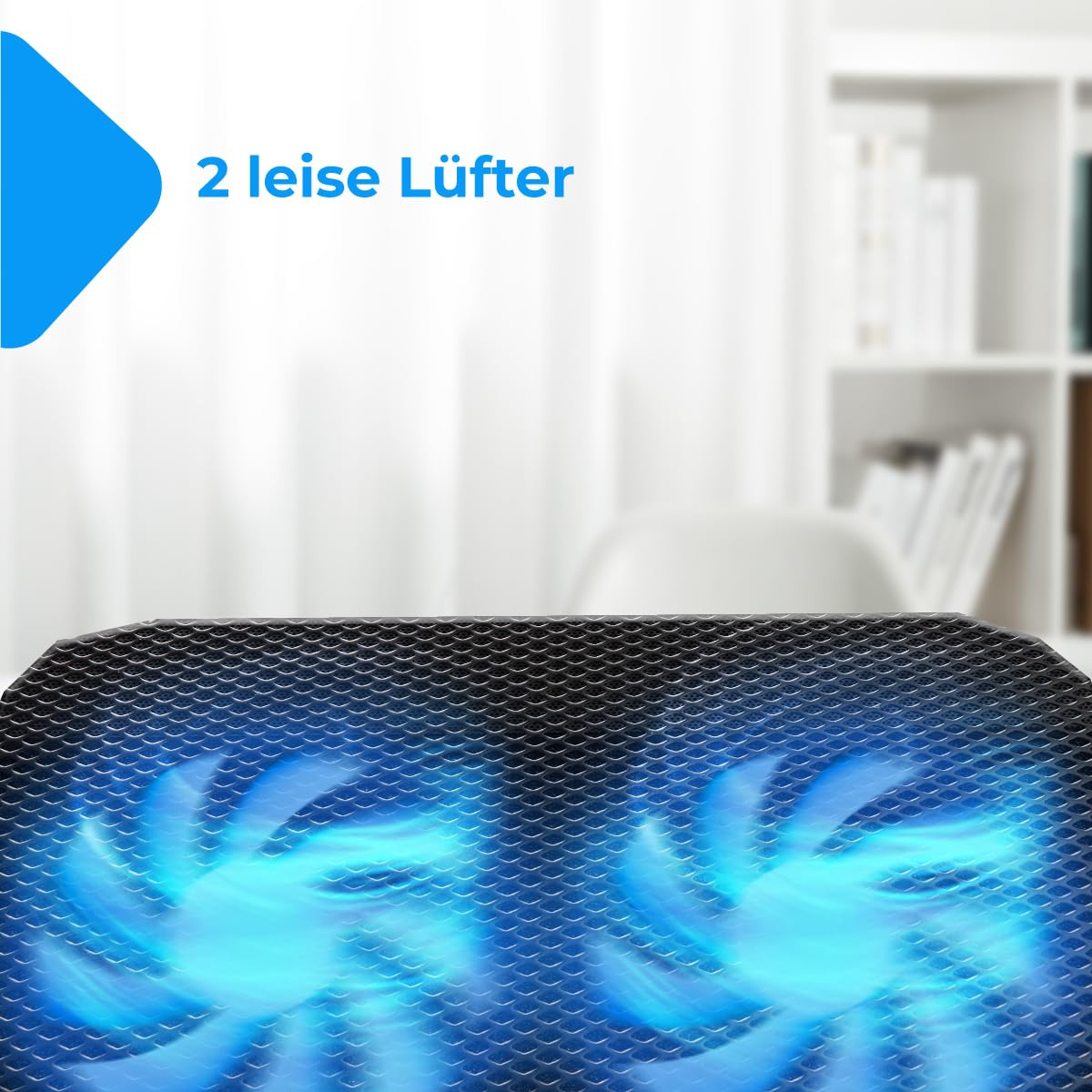 Laptop-Kühler mit zwei Lüftern. Die Lüfter haben blaue Lichter.