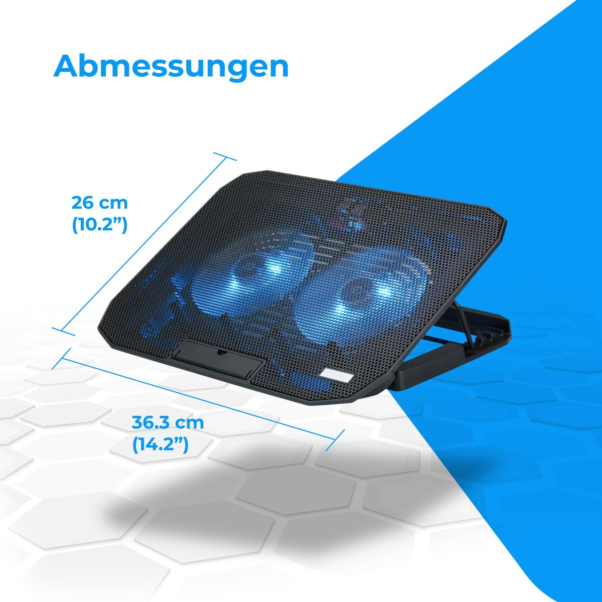 Schwarzer Laptop-Kühler mit zwei blauen Lüftern. Maße und Abmessungen sind sichtbar.