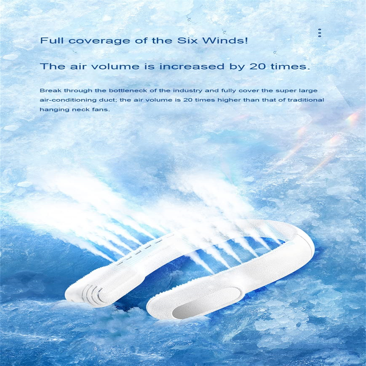 Weißer Nackenfächer auf blauem Hintergrund, mit Text über Luftvolumen.