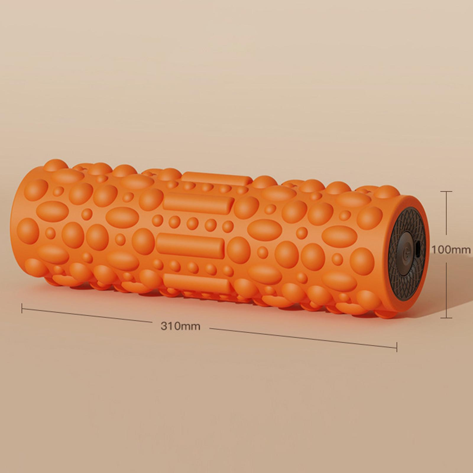 Orangefarbene Schaumstoffrolle mit Unebenheiten, mit beschrifteten Abmessungen. Schwarze Enden. Hintergrund: schlichtes Hellbraun.