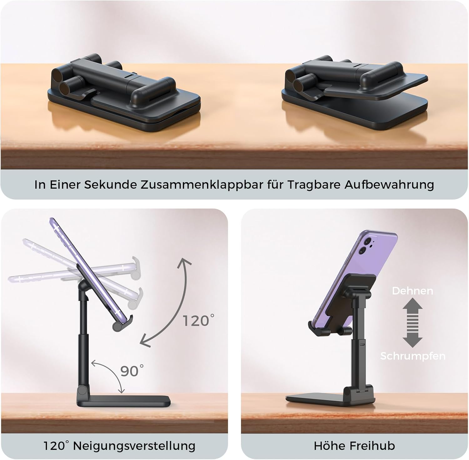 Ein schwarzer Telefonständer in zwei Konfigurationen. Ein Telefon ist darauf montiert. Anweisungen auf Deutsch.