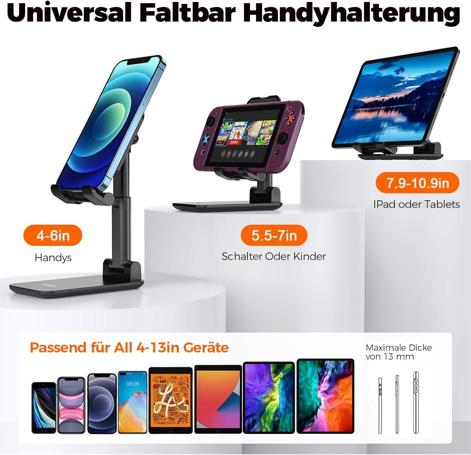 Drei Telefonständer, die Telefone und Tablets halten, mit Größenangaben und einer Grafik der passenden Geräte.