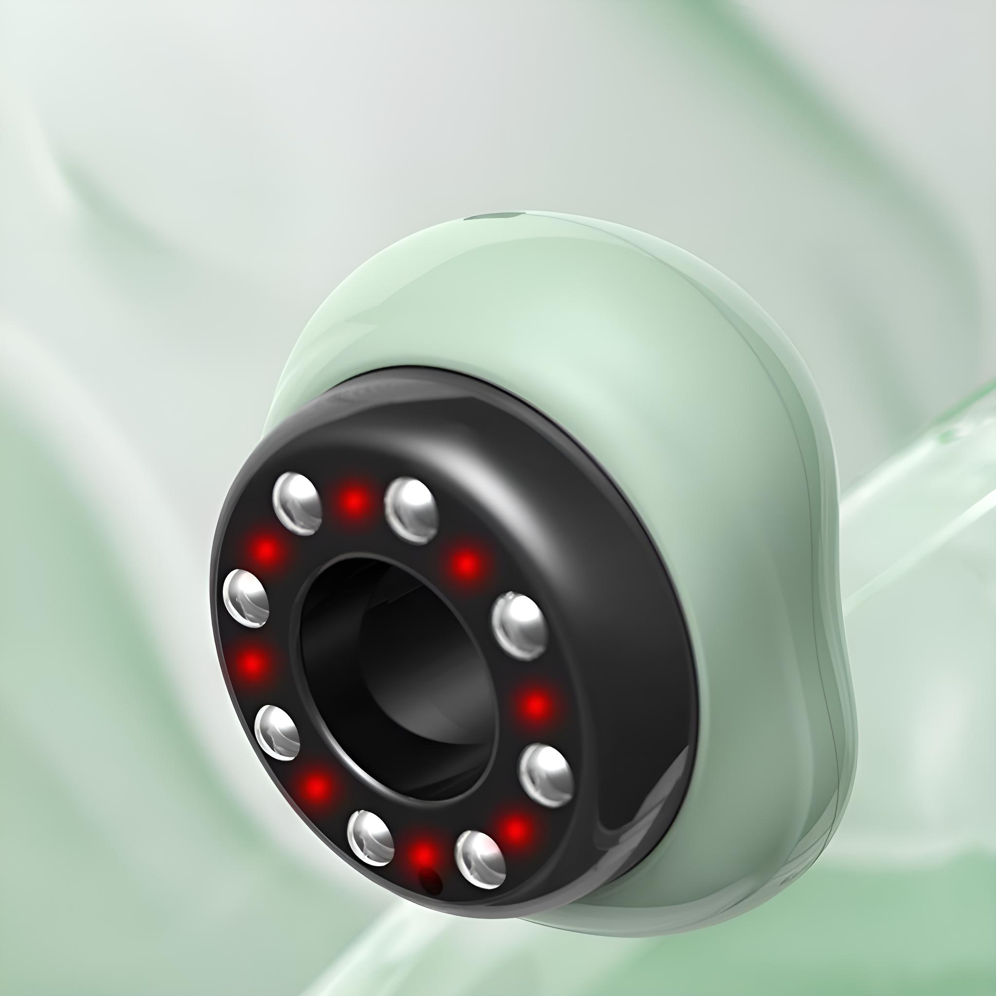 Nahaufnahme eines Geräts mit einem schwarzen Ring aus roten Lichtern. Das Gerät ist mintgrün.