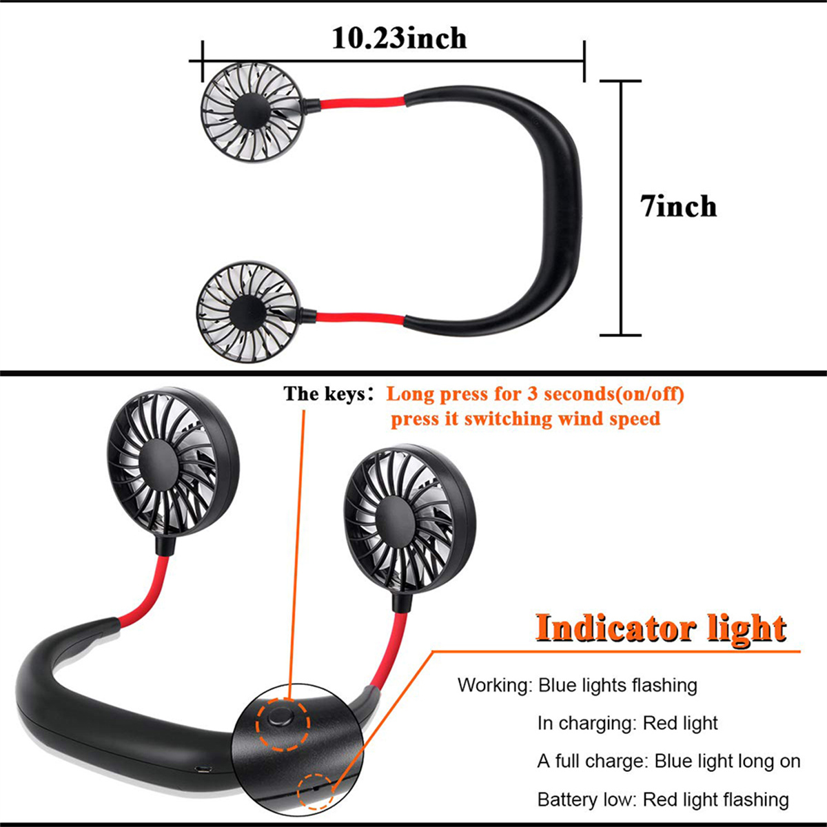 Schwarzer und roter Nackenventilator mit zwei Ventilatoren. Text hebt die Lüfterbedienung und die Lichtindikatoren hervor. Weißer Hintergrund.