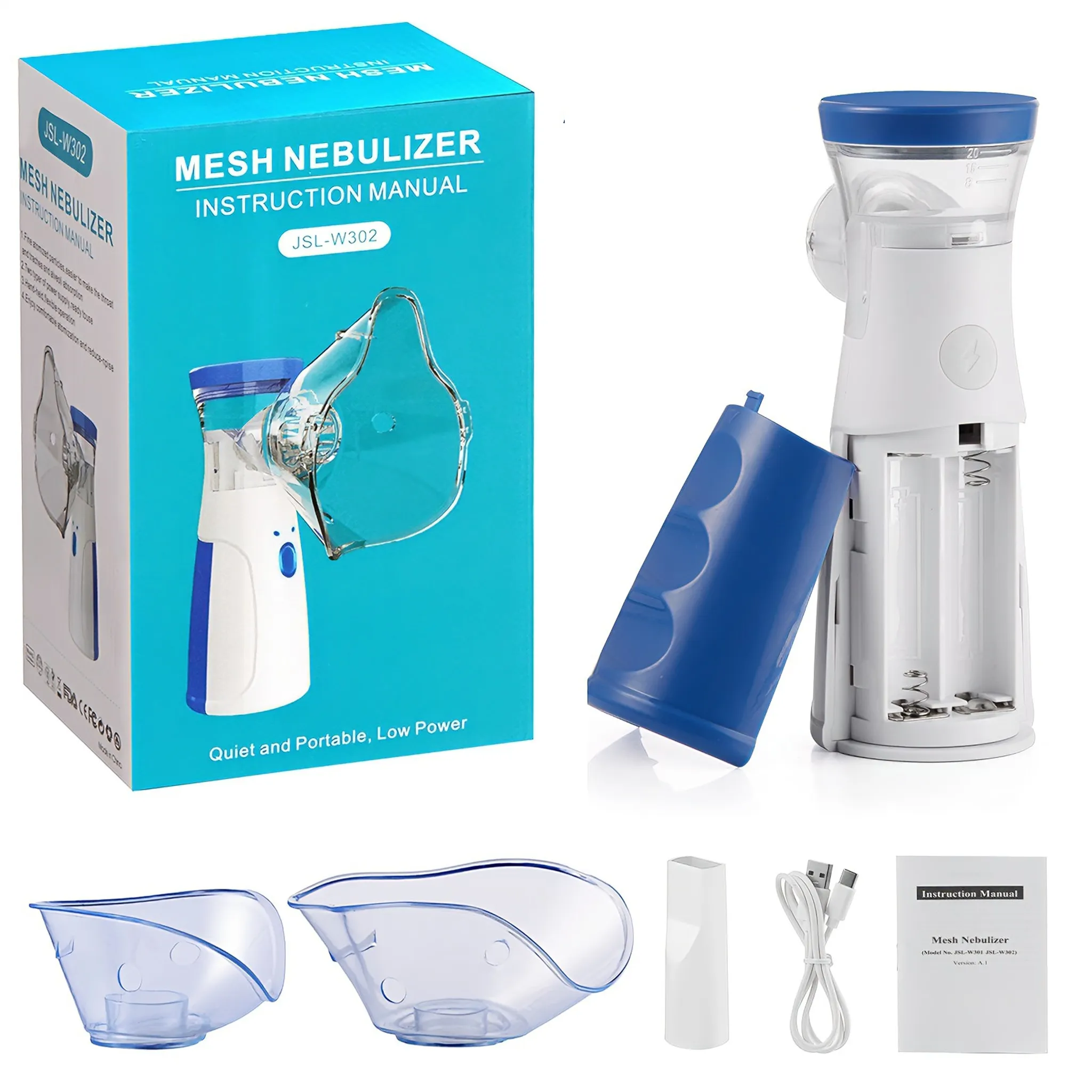 Mesh-Vernebler mit Box, Zubehör und offenem Batteriefach. Weißes und blaues Farbschema.