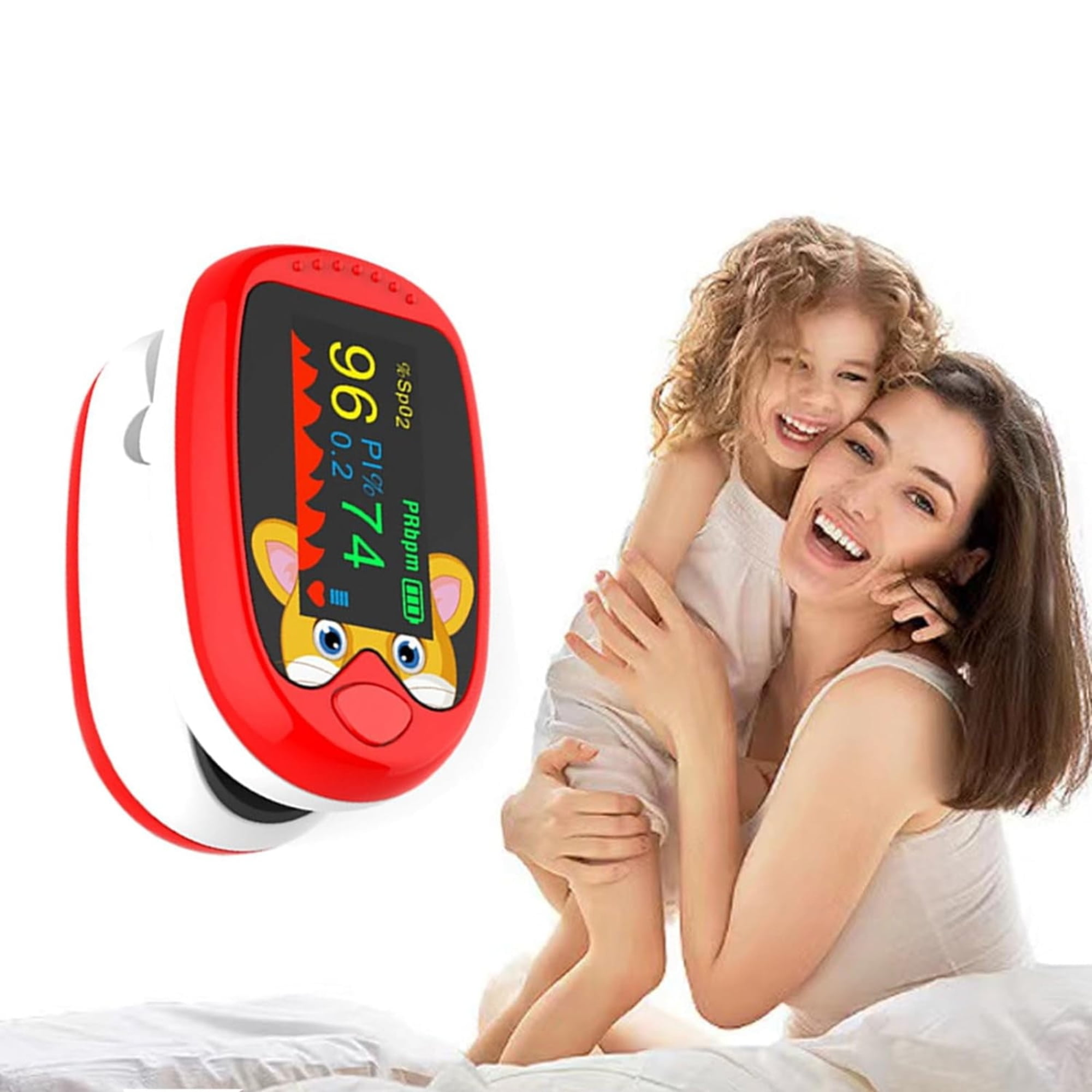Eine Frau und ein Kind lächeln. Die Frau hält das Kind. Ein Oximeter ist am Finger des Kindes.