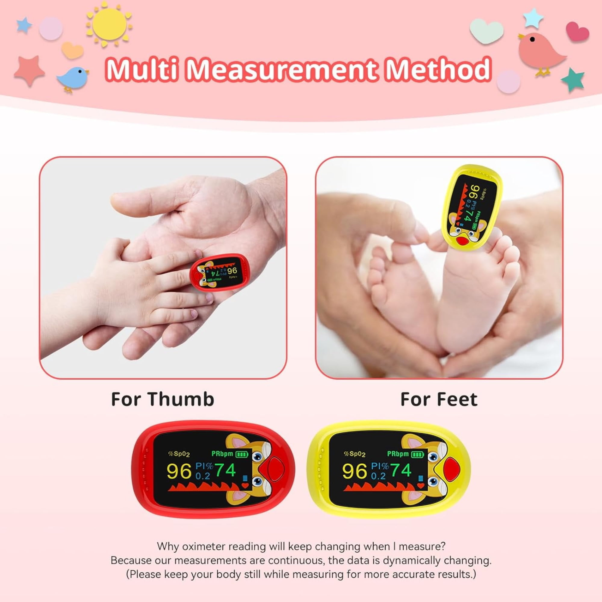 Zwei Oximeter an Fingern und Füßen, die Messwerte anzeigen. Text sagt 'For Thumb' und 'For Feet'.