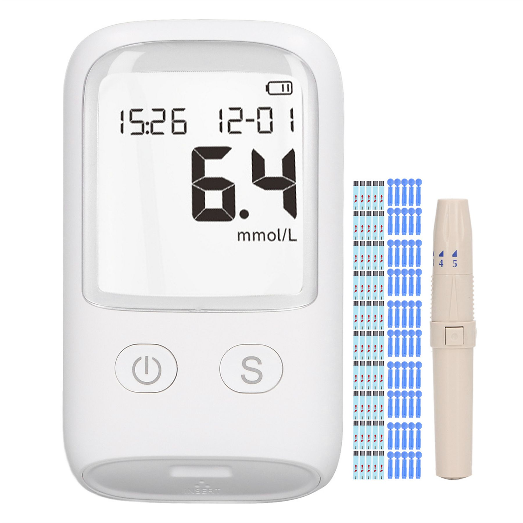 Ein Blutzuckermessgerät mit Teststreifen und einer Lanzette. Das Messgerät zeigt 6,4 mmol/L an.
