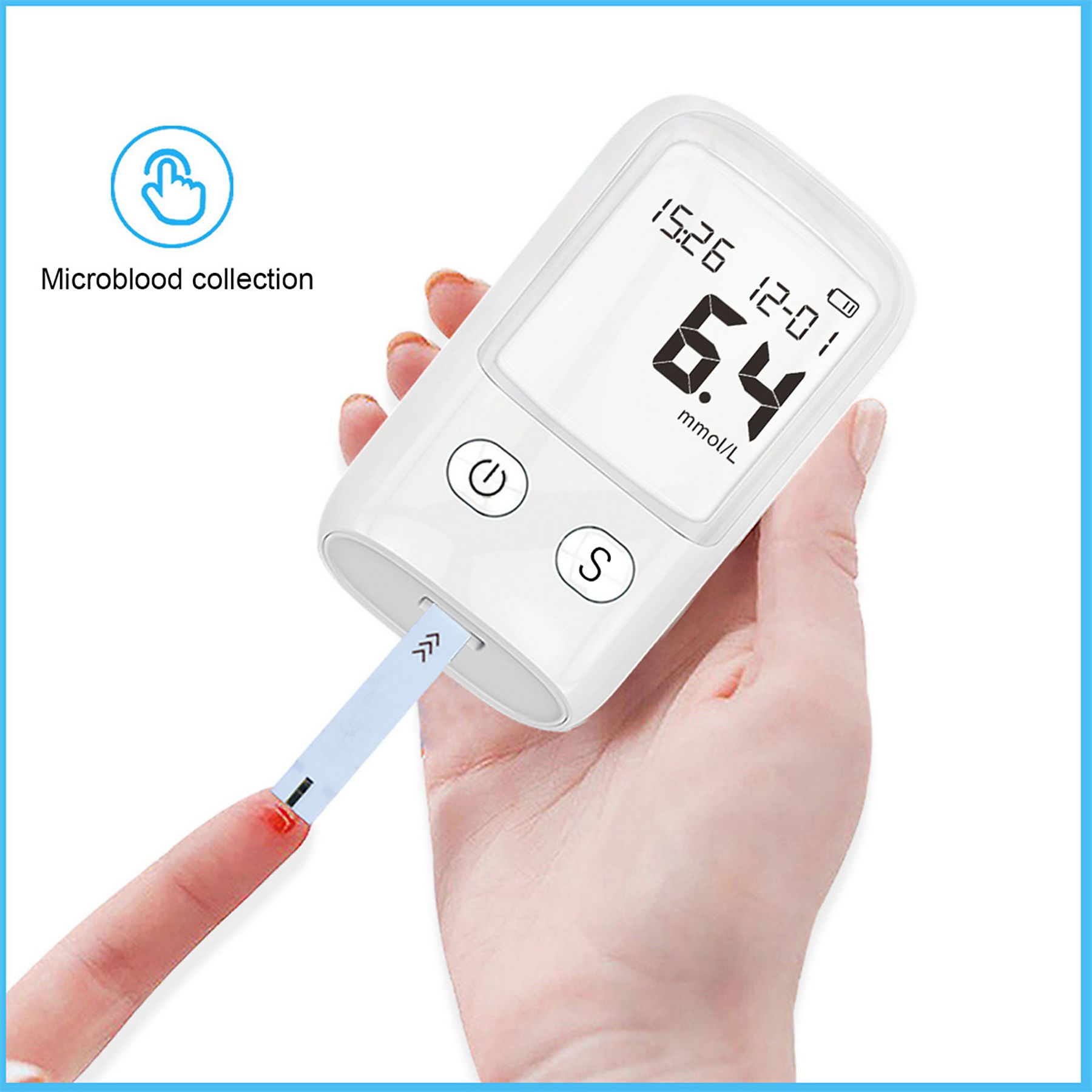 Ein Finger wird für einen Blutzuckertest angestochen. Das Messgerät zeigt 6,4 mmol/L an.