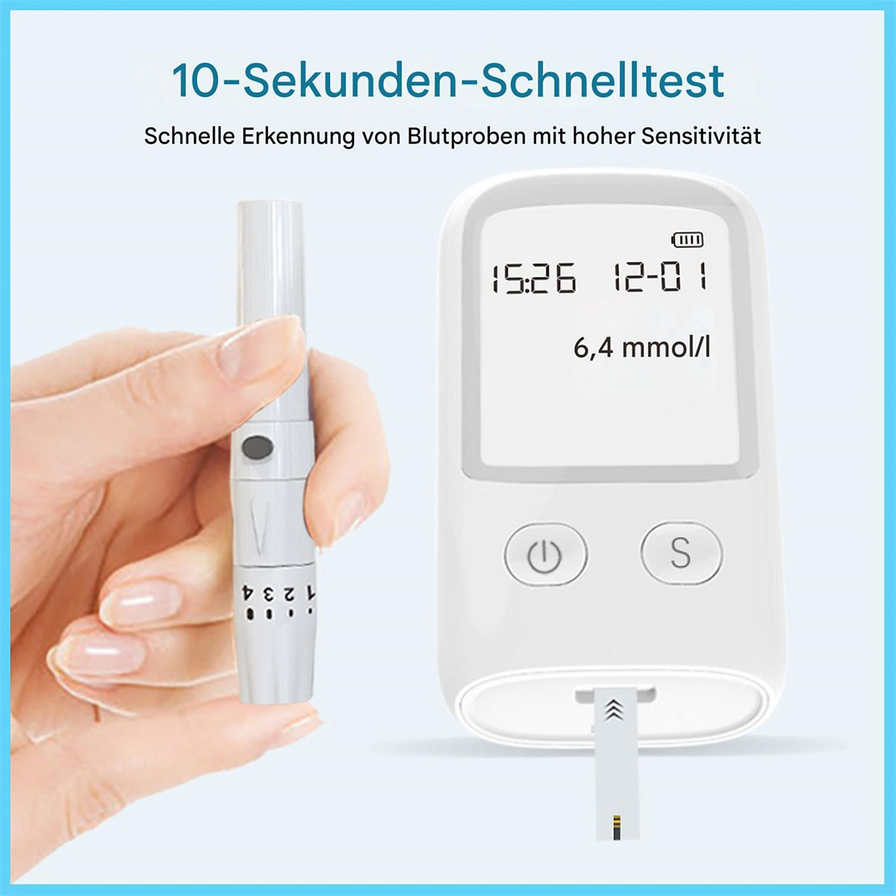 Eine Hand hält eine Lanzette mit einem Blutzuckermessgerät, das 6,4 mmol/L anzeigt, und einem Streifen.