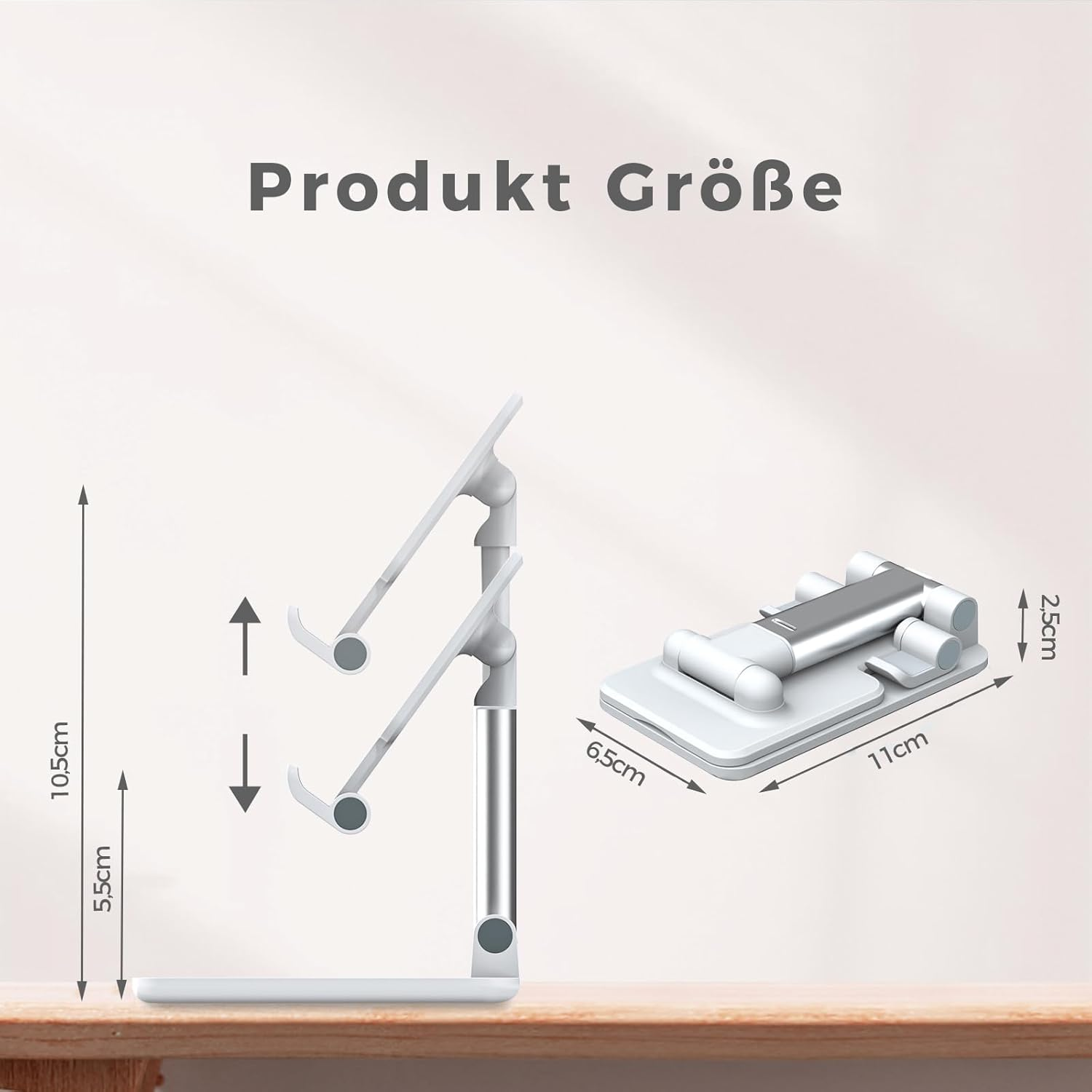 Diagramm mit Abmessungen eines Laptop-Ständers. Höhe ist 10,5 cm und 5,5 cm. Breite ist 11 cm.
