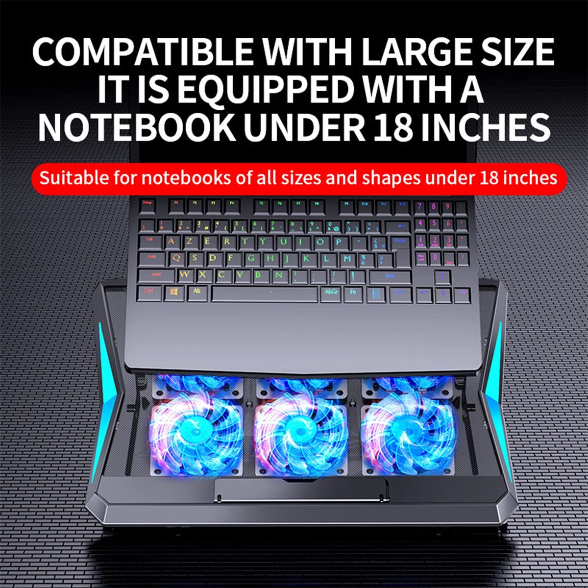 Ein Laptop-Kühlpad, das einen Laptop unterstützt. Der Text lautet: KOMPATIBEL MIT GROSSER GRÖSSE.