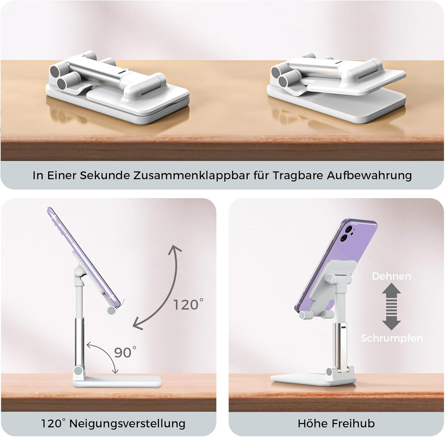 Bilder, die Laptop-Ständer zeigen: gefaltet, geöffnet bei 90 und 120 Grad, Höhenverstellung.