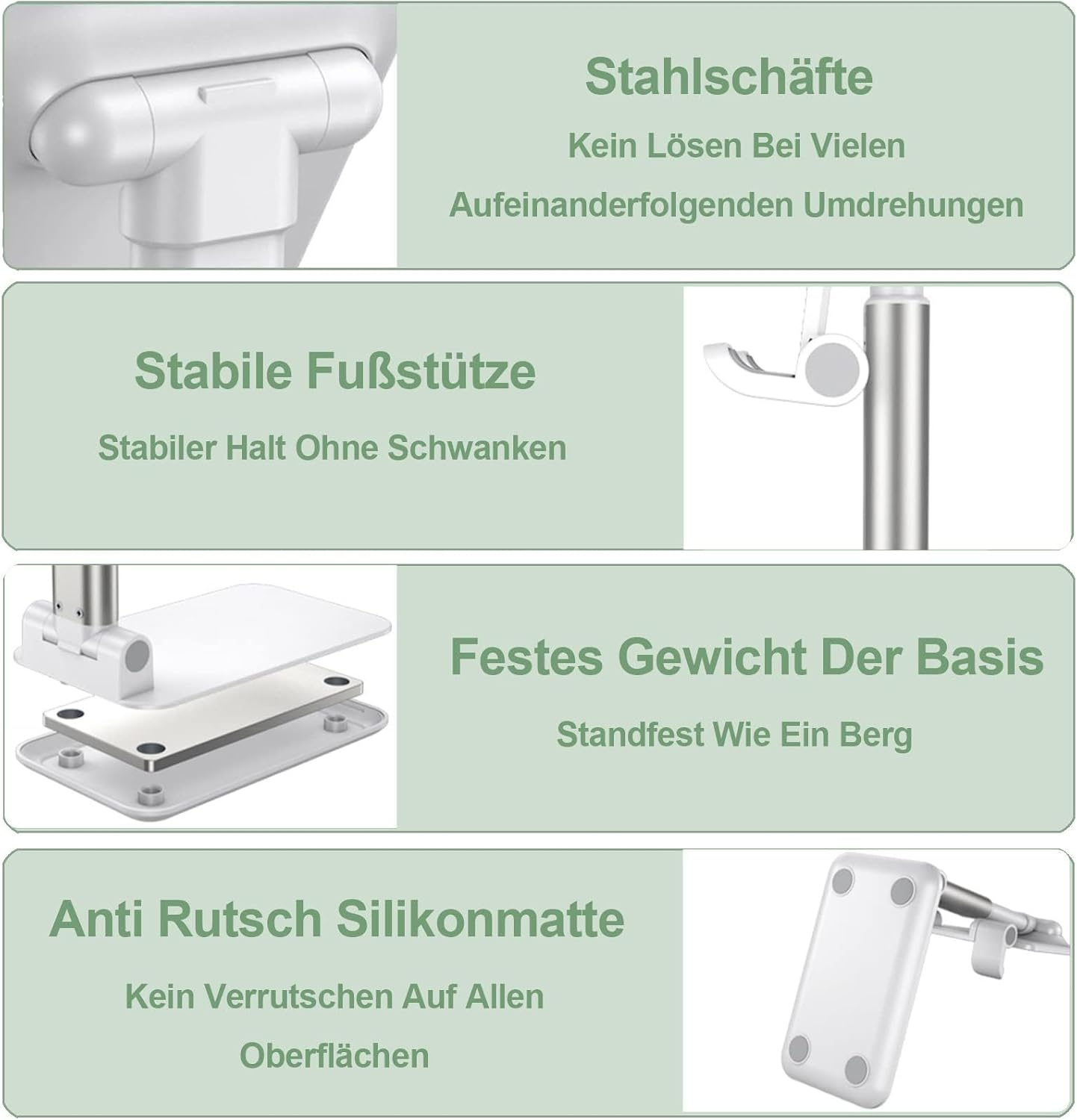 Nahaufnahme eines Telefonhalters mit Text über Stabilität und Material, vor weißem Hintergrund.