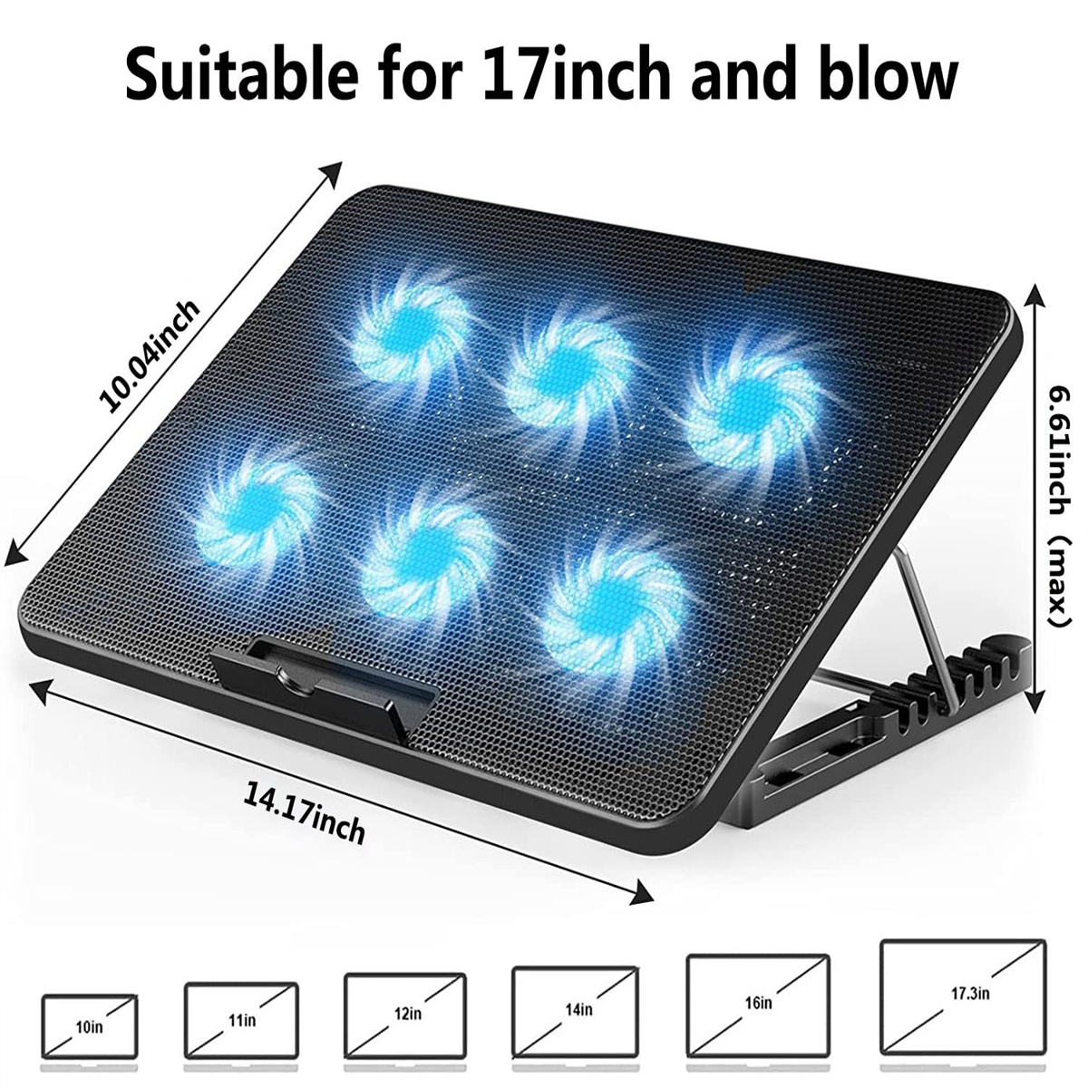 Schwarzes Laptop-Kühlpad mit sechs Lüftern und Abmessungen. Für 17-Zoll-Laptops geeignet.