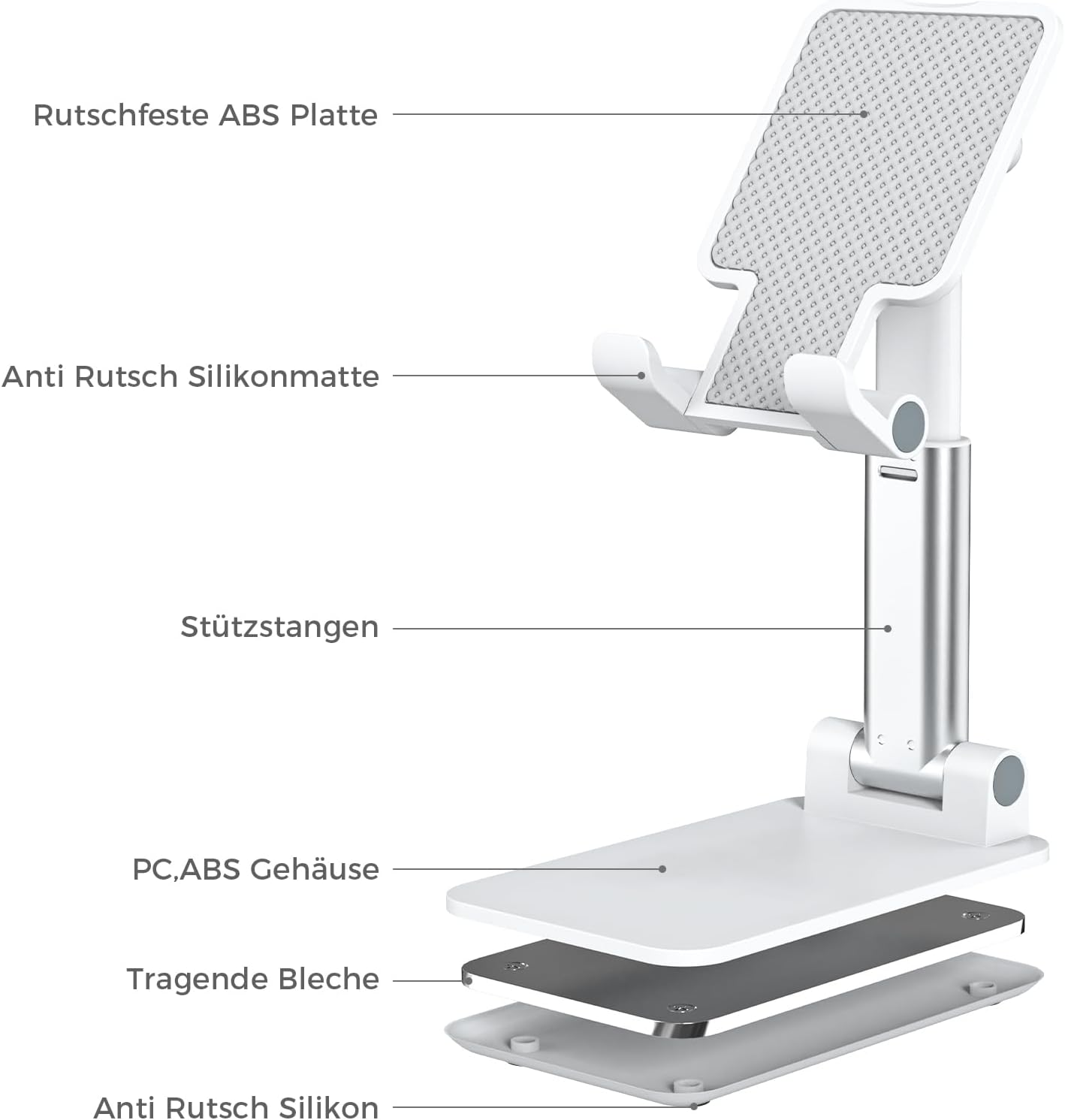 Verstellbarer Telefonständer mit beschrifteten Teilen: ABS-Platte, Silikonmatte, Stützstangen, Basis.