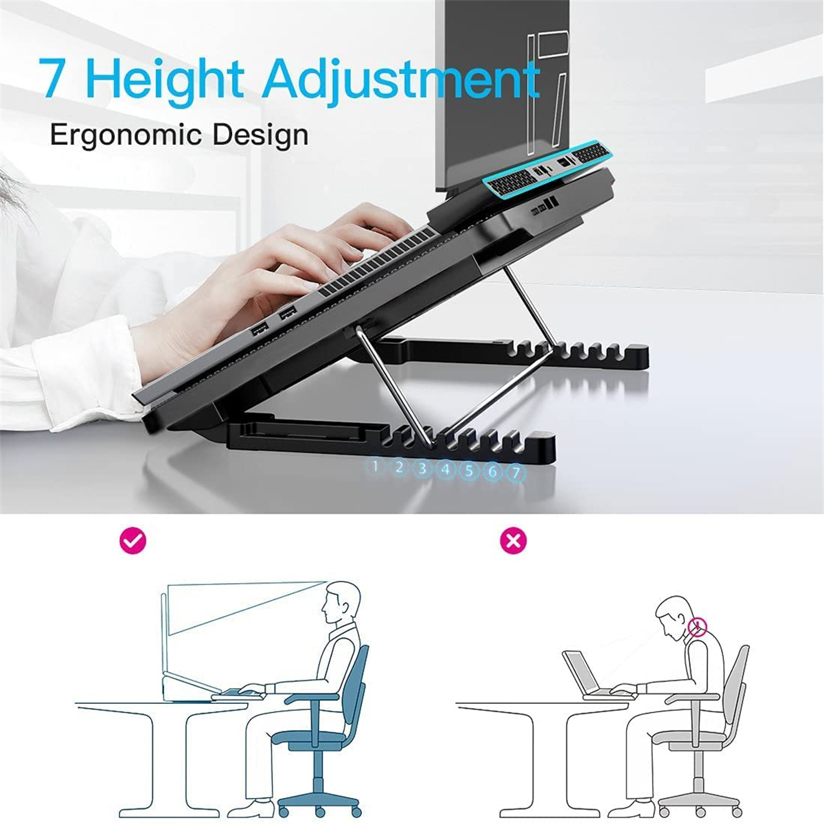 Eine Person, die einen Laptop auf einem Ständer mit Höhenverstellung verwendet, und Diagramme. Zeigt eine gute Körperhaltung.