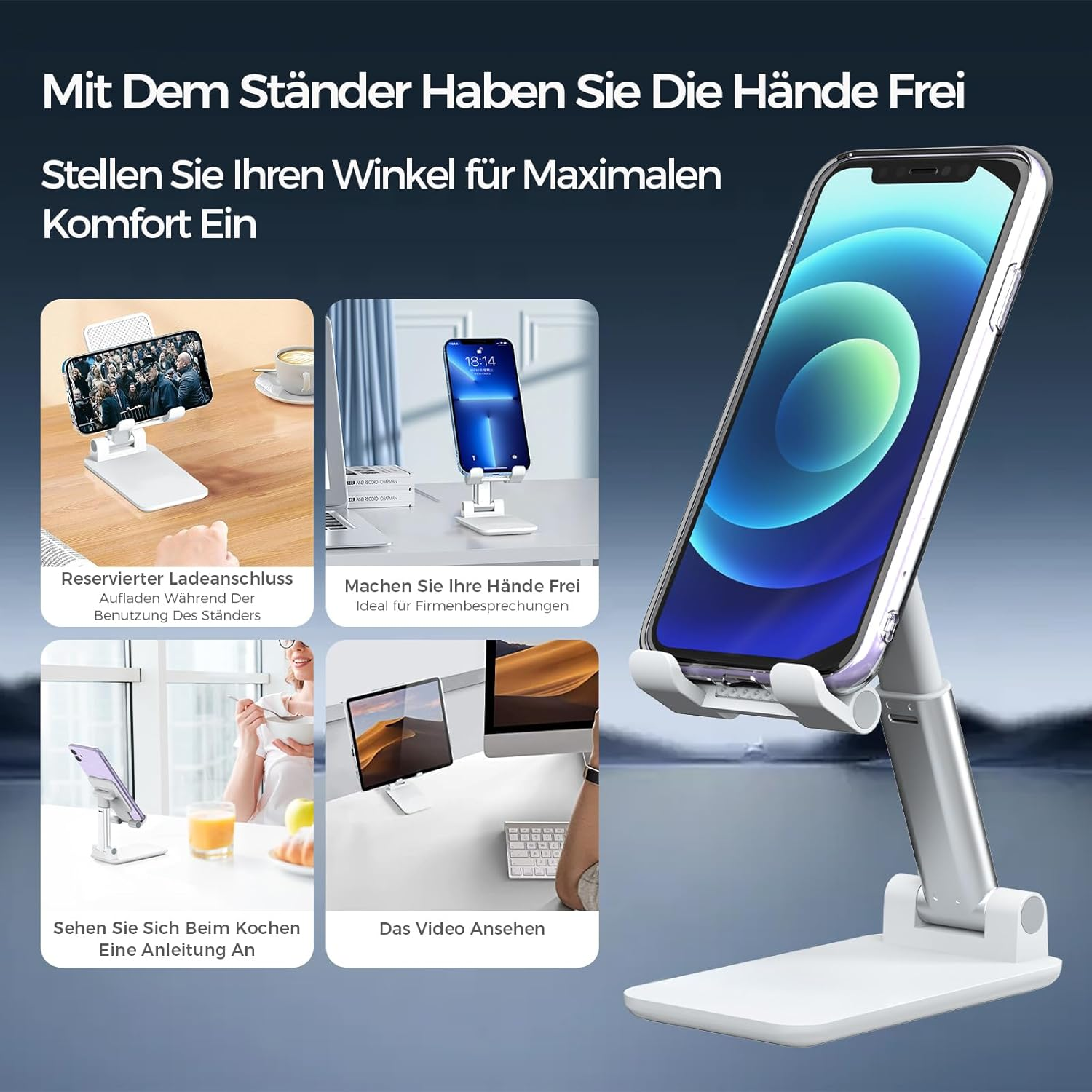 Ein Telefonständer wird gezeigt, der Telefone unterstützt. Verschiedene Nutzungsszenarien werden veranschaulicht.