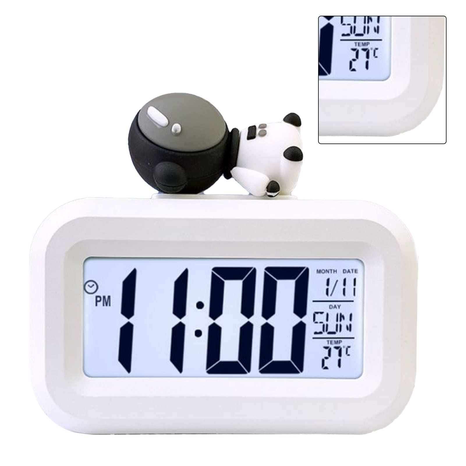 Eine weiße Digitaluhr mit Panda-Figur, die 11:00 Uhr, Datum, Tag und Temperatur anzeigt. Nahansicht.