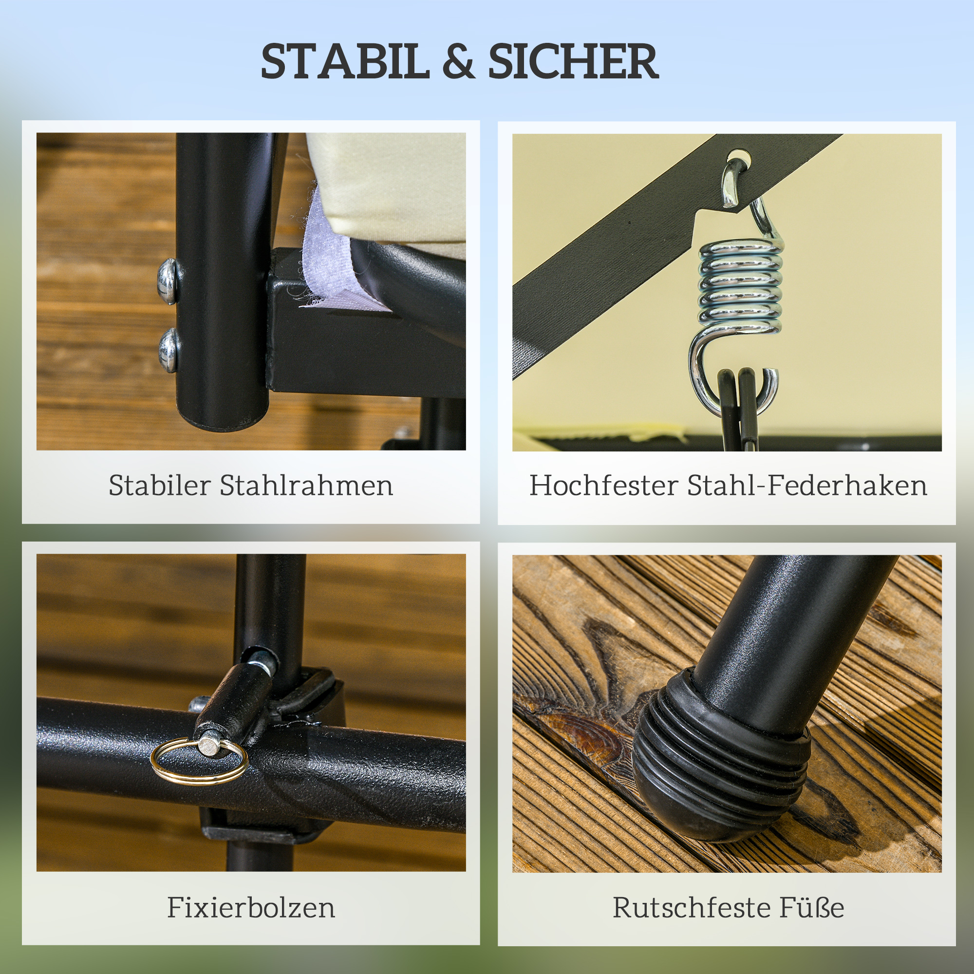Nahaufnahmen von Schaukeldetails: Rahmen, Haken, Verbindungen und rutschfeste Füße.