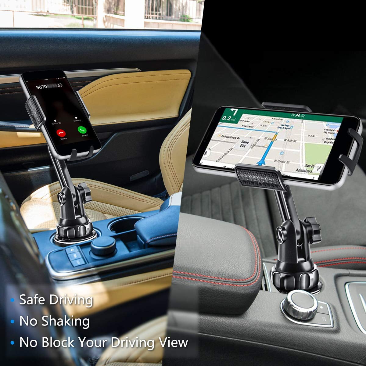 Zwei Autotelefonhalter mit Telefonen, die einen Anruf und eine Navigationskarte anzeigen.