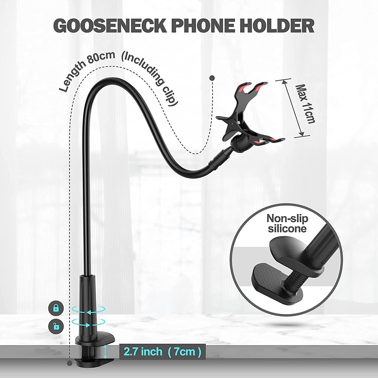 Schwanenhals-Telefonhalter mit Abmessungen, schwarz, mit Telefonhalter, rutschfestes Silikon.