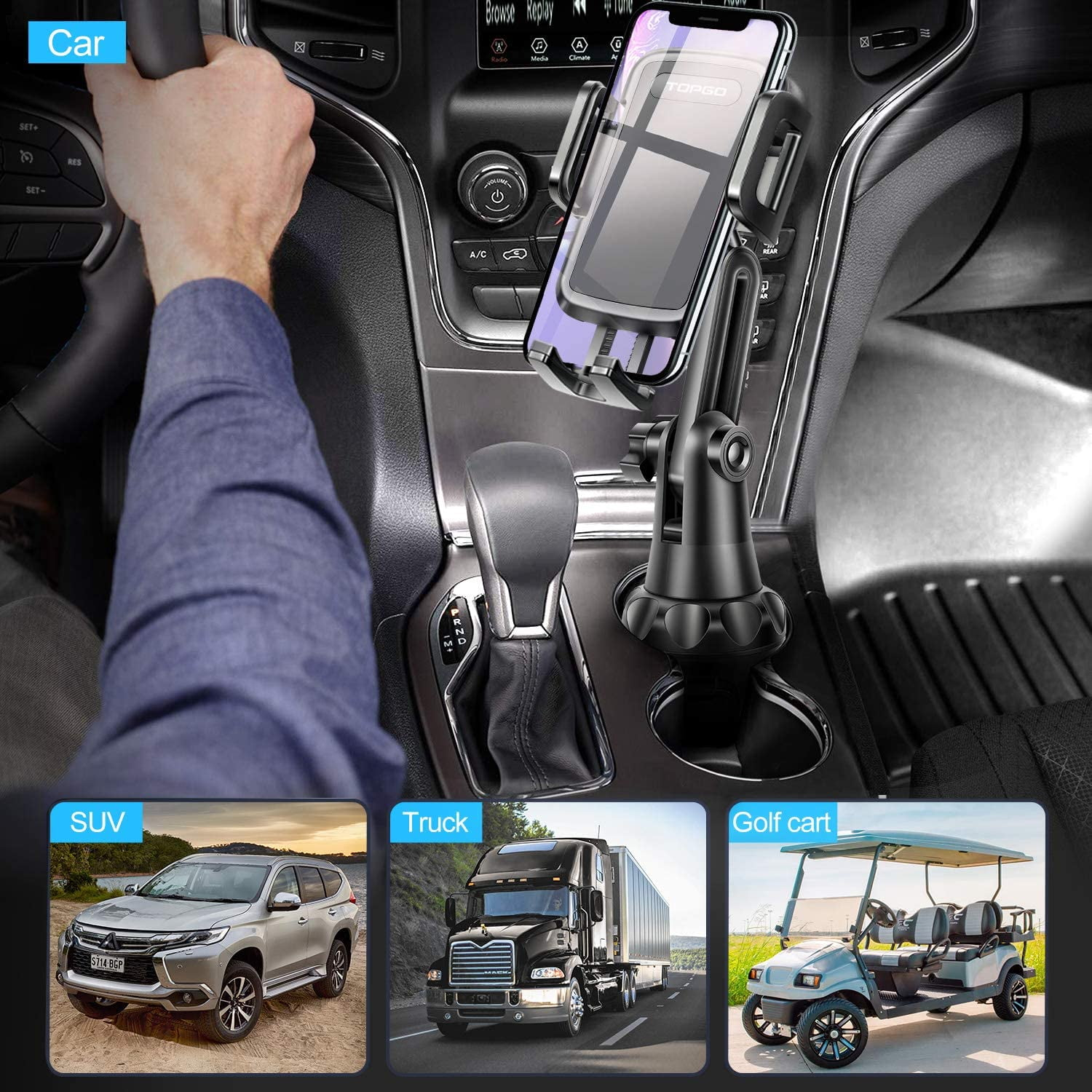 Autotelefonhalter, montiert im Getränkehalter, mit Beispielen für Autos, SUVs, Lkw und Golfwagen.
