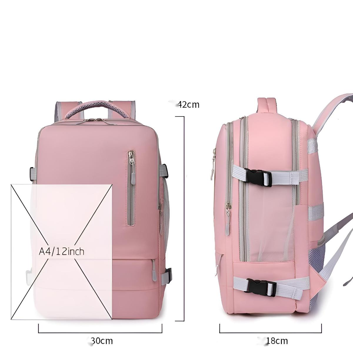 Rosa Rucksack, Abmessungen sind gezeigt, A4/12 Zoll Abmessung. Der Rucksack steht.
