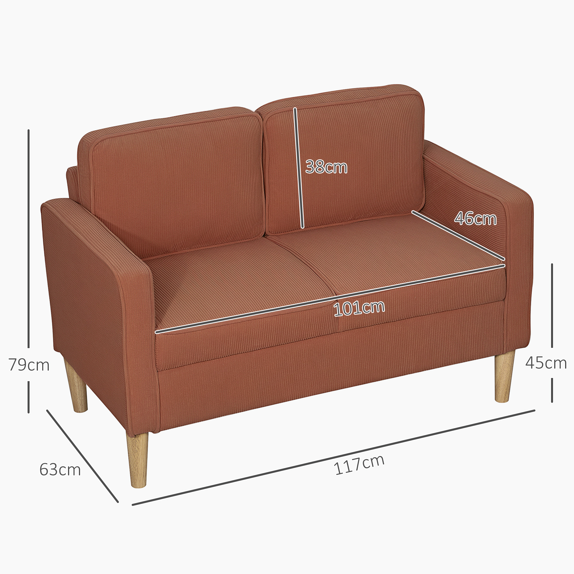 Braunes Cordsofa mit Abmessungen: 79 cm Höhe, 63 cm Breite, 117 cm Länge, 101 cm innen.