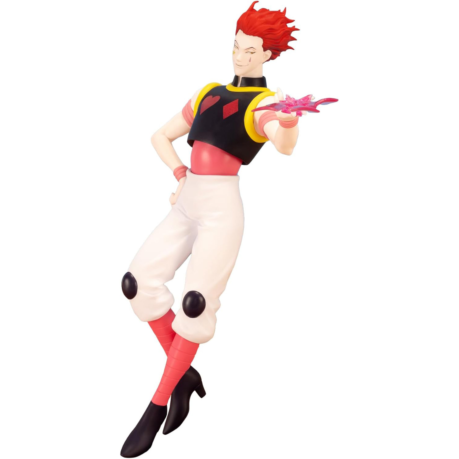 Anime-Figur eines Mannes mit roten Haaren, der ein rosa Objekt hält. Er trägt schwarze und weiße Kleidung.