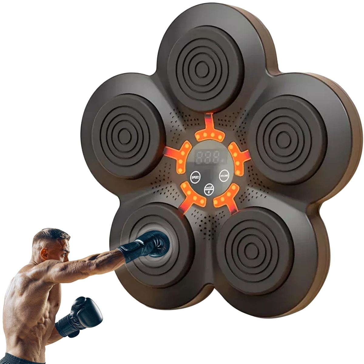 Ein Mann mit Boxhandschuhen schlägt auf ein schwarz-braunes, blütenförmiges Gerät, das an einer Wand montiert ist.