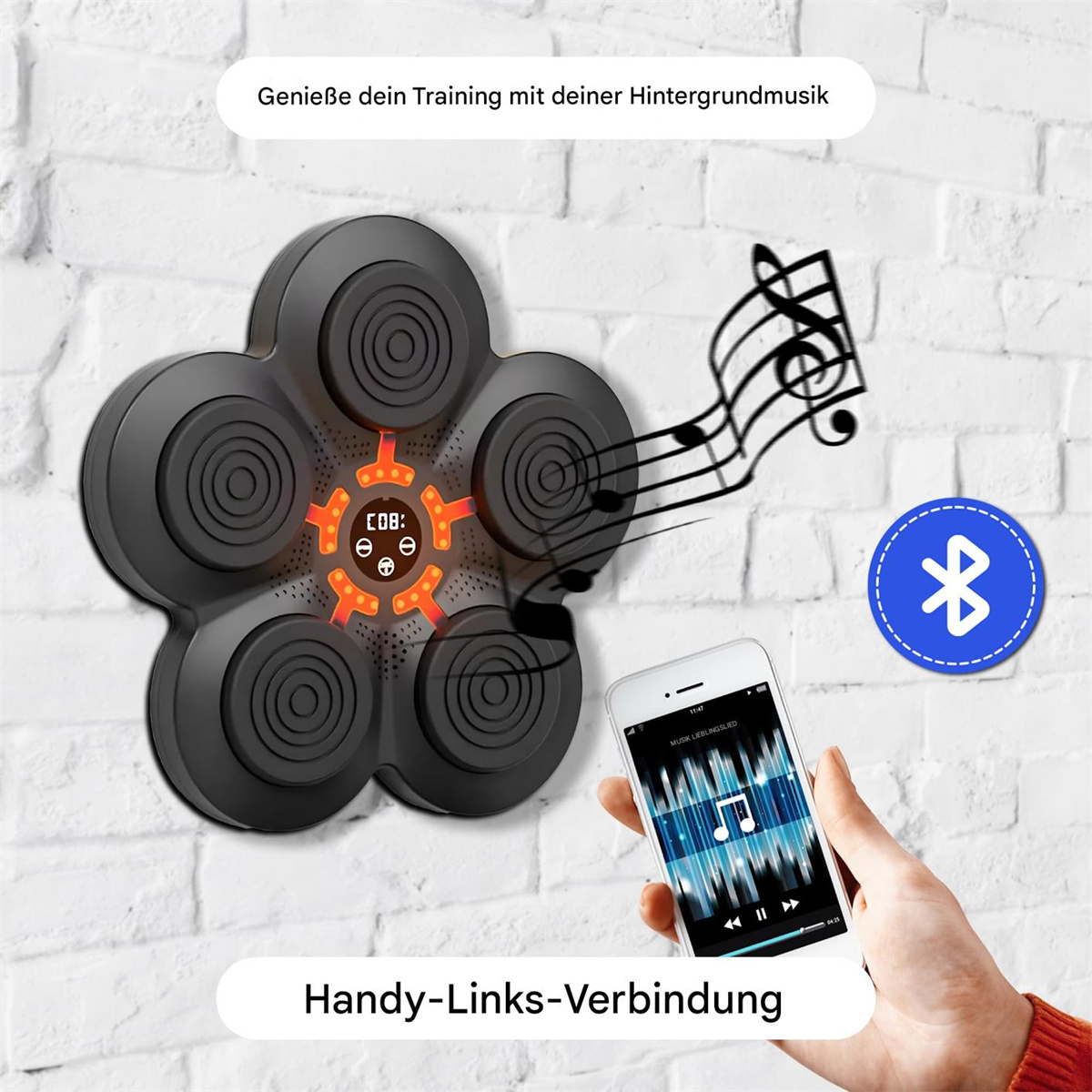 Ein schwarzes, blütenförmiges Gerät mit einem Smartphone, das Musik anzeigt. Ein Bluetooth-Symbol wird gezeigt.