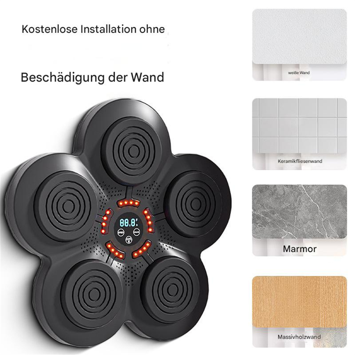 Ein dunkelgraues Gerät mit fünf kreisförmigen Bereichen, einem kleinen Bildschirm mit einer Zahl und vier Wandmustern.