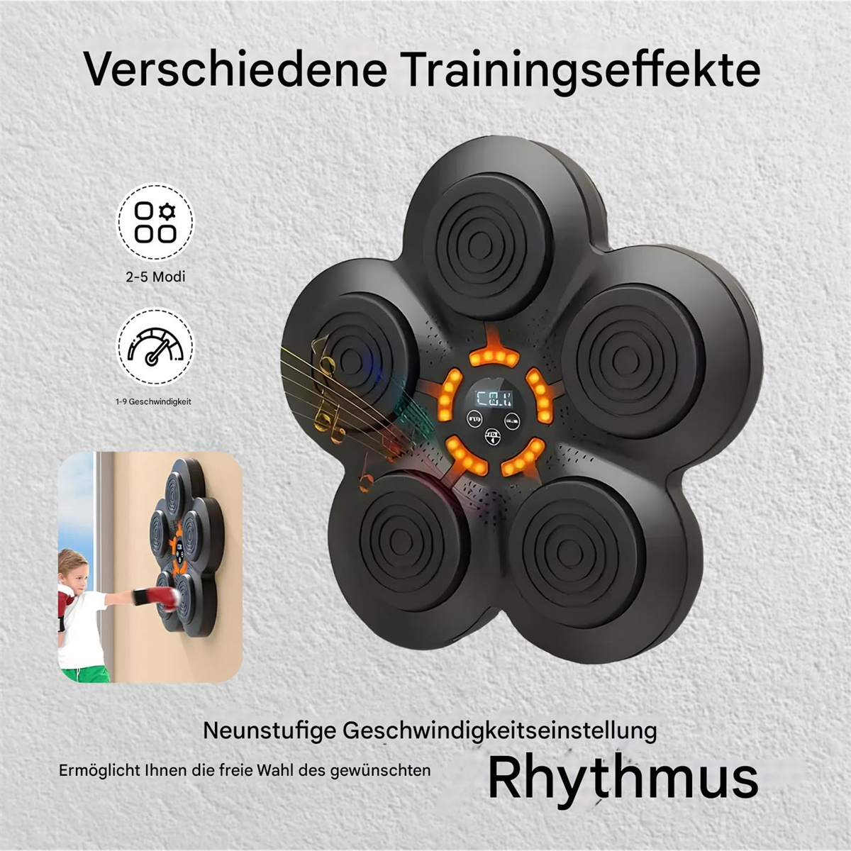 Ein Diagramm eines schwarzen, blütenförmigen Geräts mit deutschen Beschriftungen, das verschiedene Trainingseffekte zeigt.