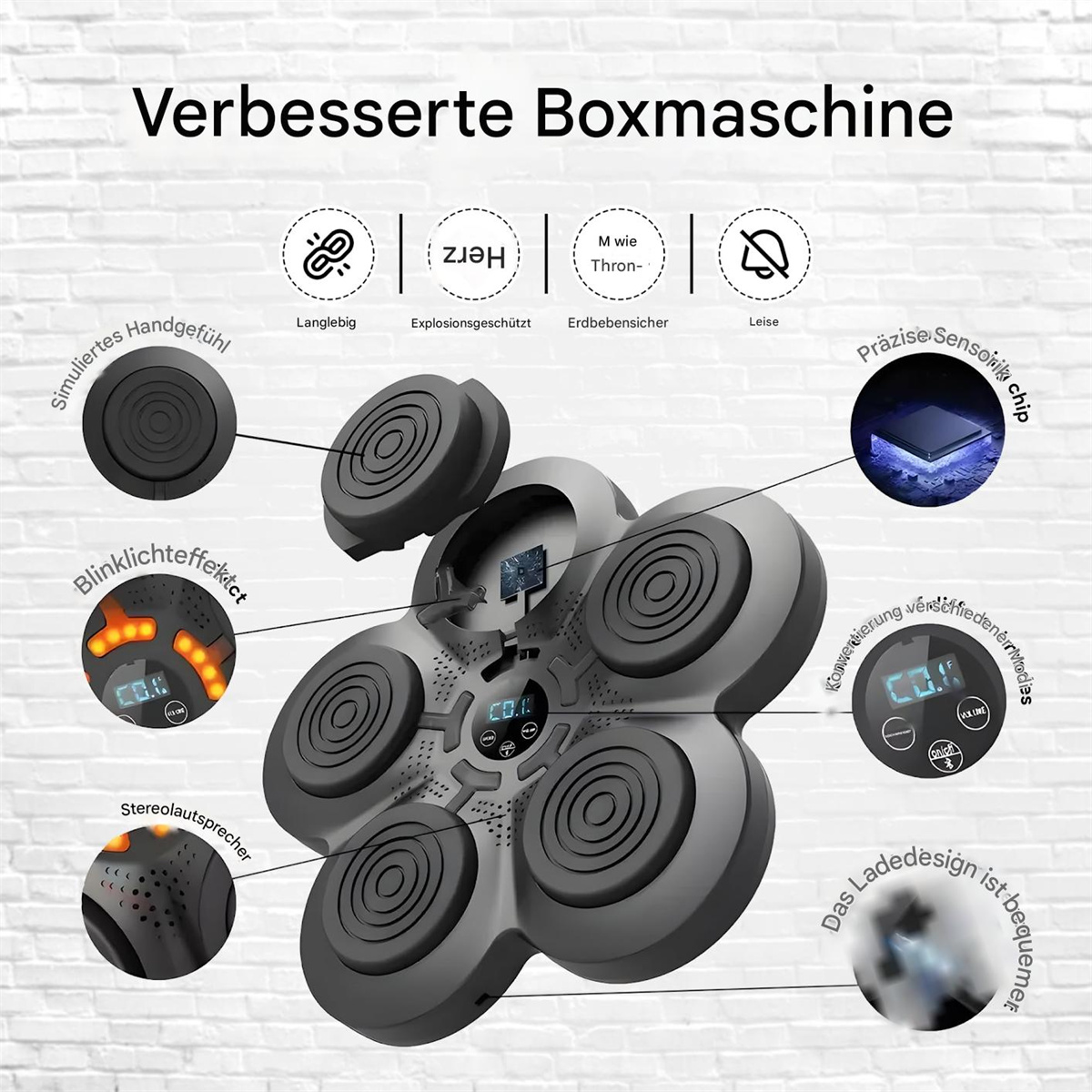 Ein Diagramm eines schwarz-grauen blütenförmigen Geräts mit deutschen Beschriftungen, die auf seine Funktionen zeigen.