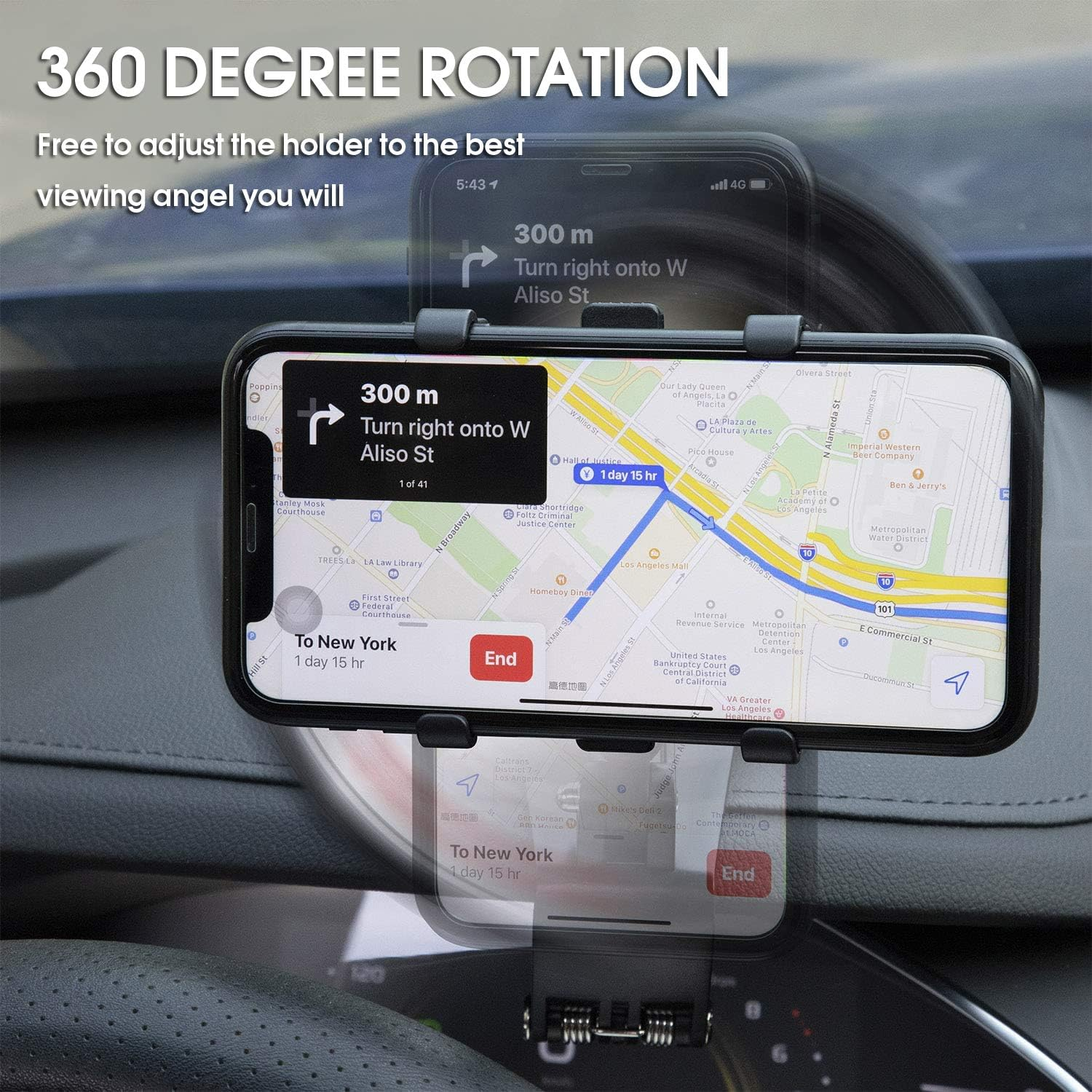 Ein Telefon zeigt eine Karte mit Wegbeschreibungen. Das Telefon ist im Auto montiert. 360 Grad Drehung.