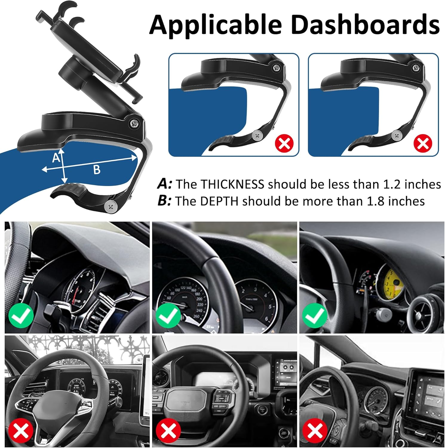 Kfz-Telefonhalterung mit Montageanleitung. Dashboard-Kompatibilitätsanleitung. Verschiedene Auto-Dashboard-Beispiele.
