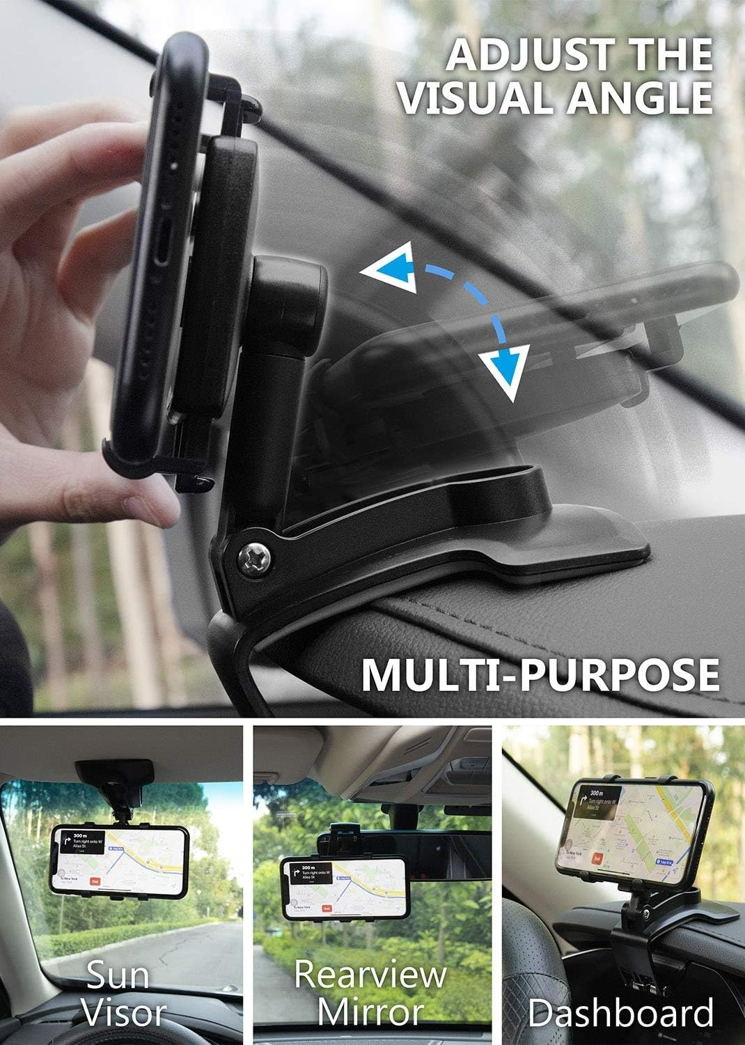 Ein Handyhalter für das Auto, montiert auf Armaturenbrett oder Windschutzscheibe, passt den Winkel an.