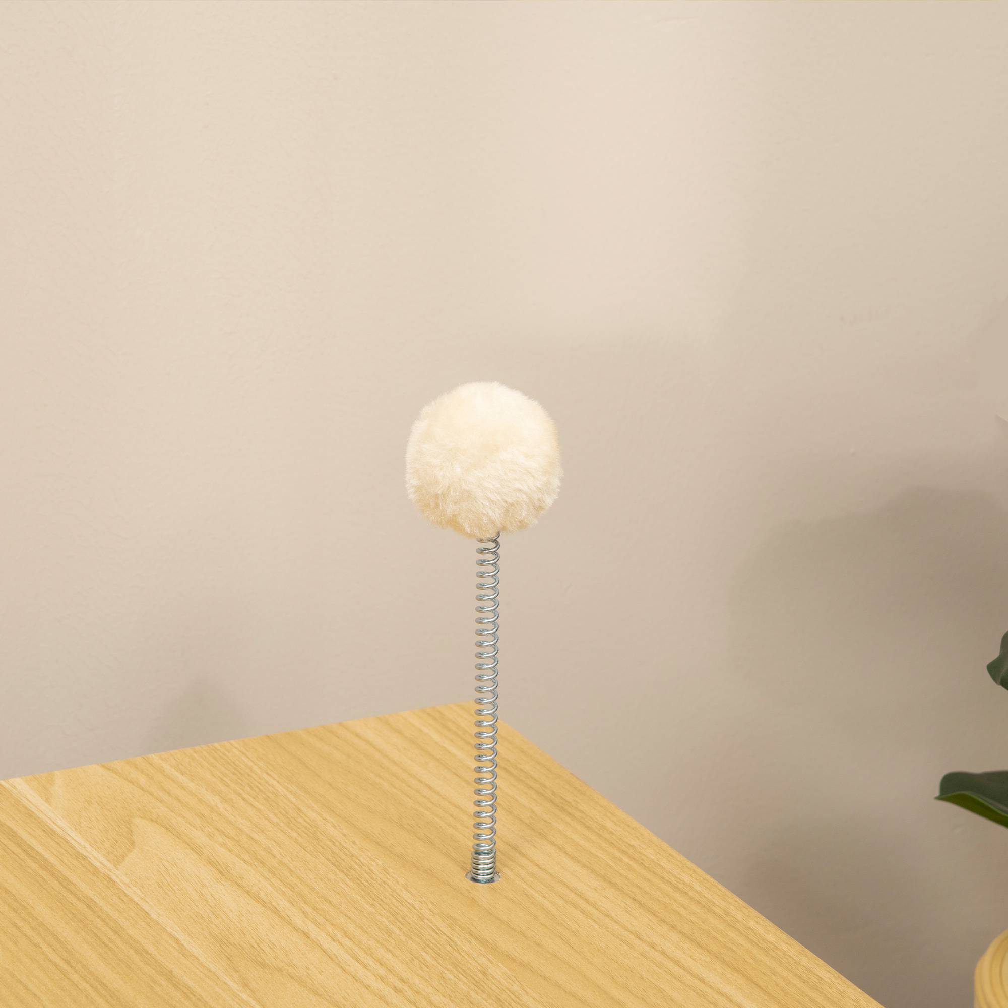 Spielzeug mit einem flauschigen Ball oben auf einer Feder, auf einer Holzoberfläche platziert.