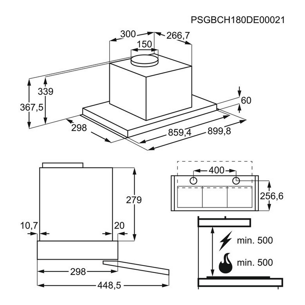 Disegno tecnico di una cappa da cucina con dimensioni in mm. Viste dall'alto, frontale e laterale.