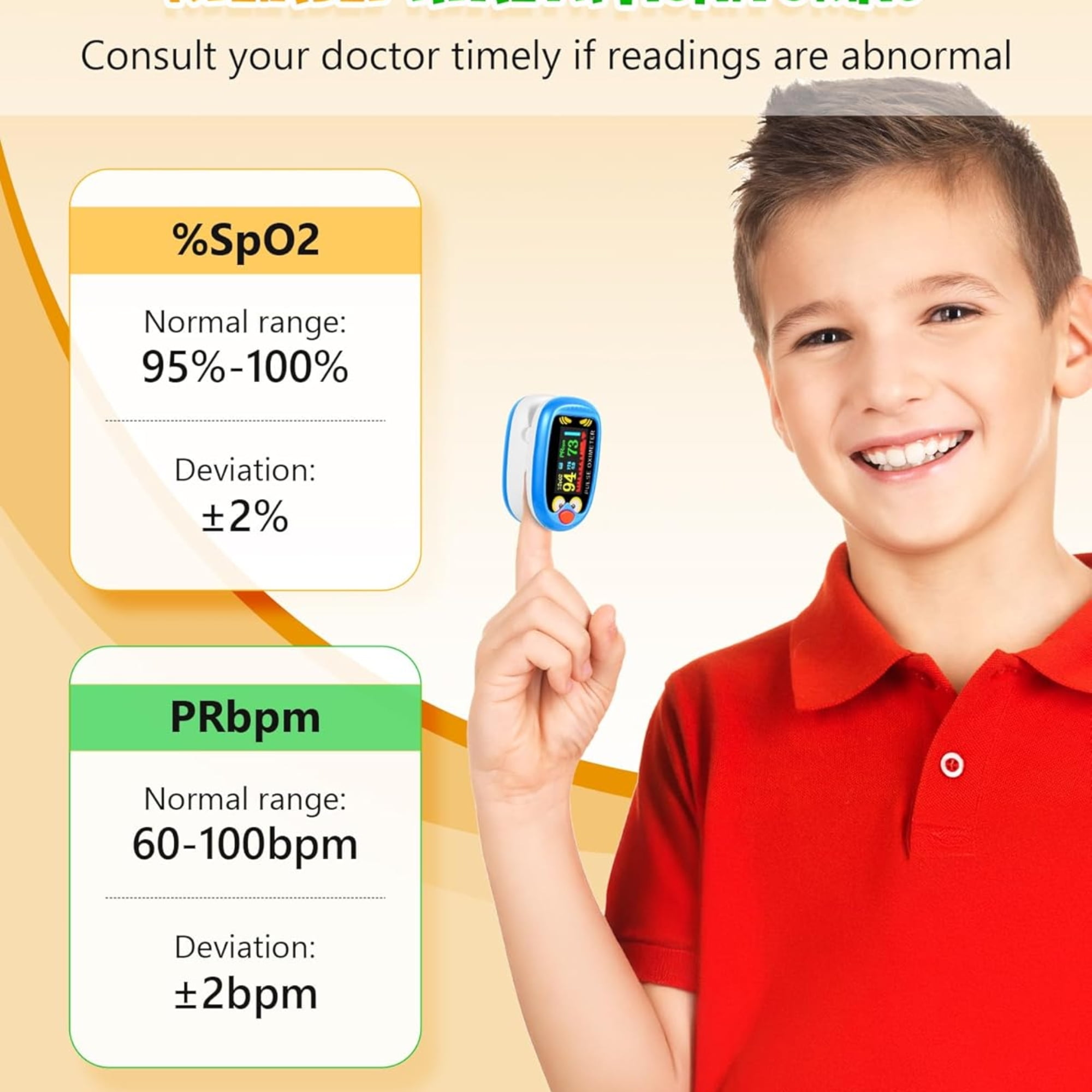 Ein Junge hält einen Finger mit Pulsoximeter, zeigt SpO2 und PRbpm. Textfelder zeigen Normalbereiche.