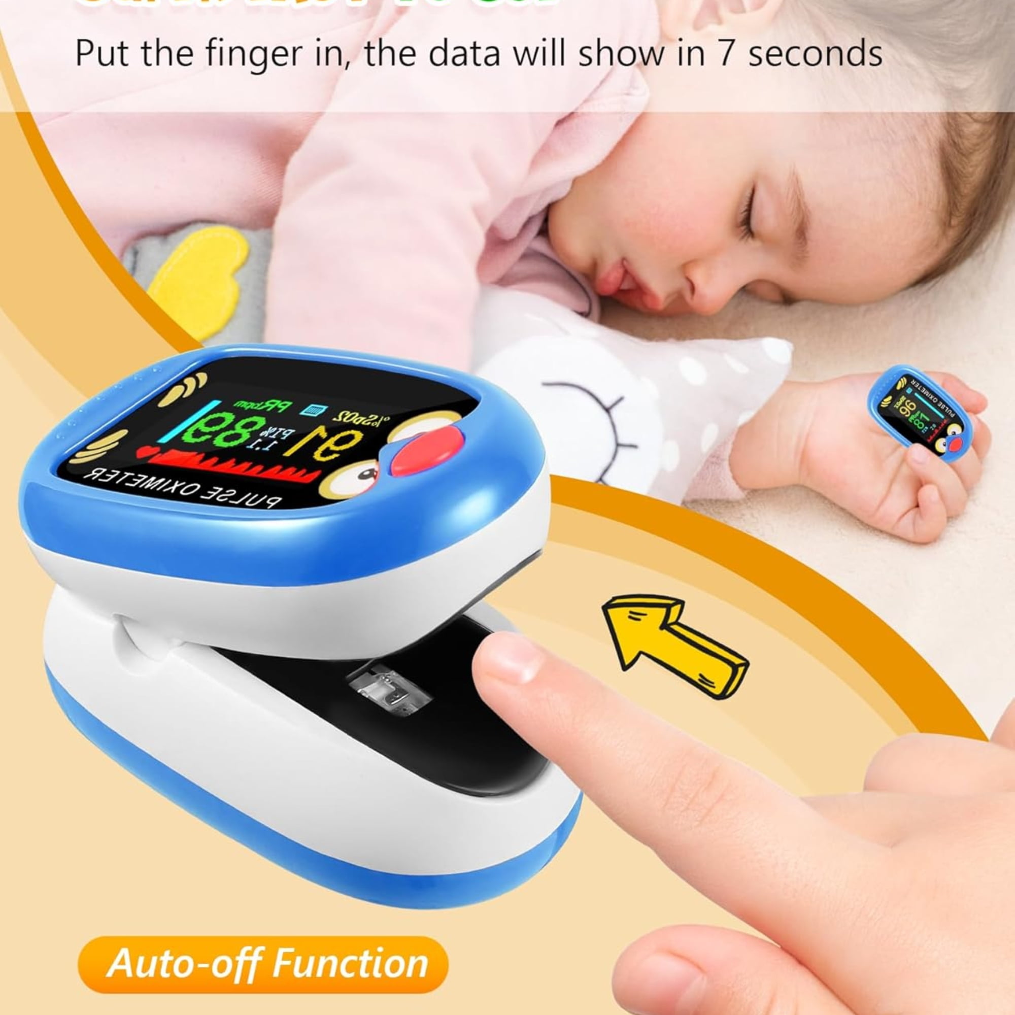 Ein Babyfinger in einem Pulsoximeter, der Bildschirm zeigt Messwerte, mit einem gelben Pfeil.