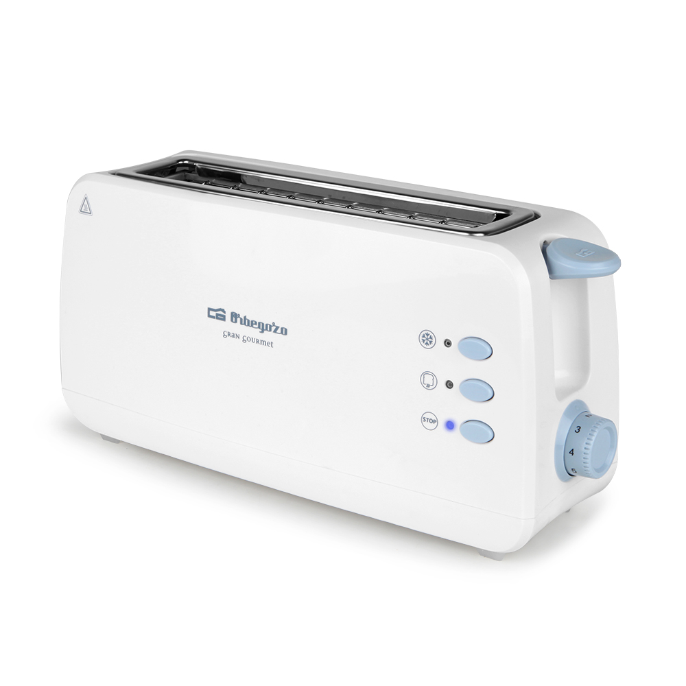 Tostapane bianco con due fessure, dettagli blu e pulsanti di controllo su sfondo bianco.