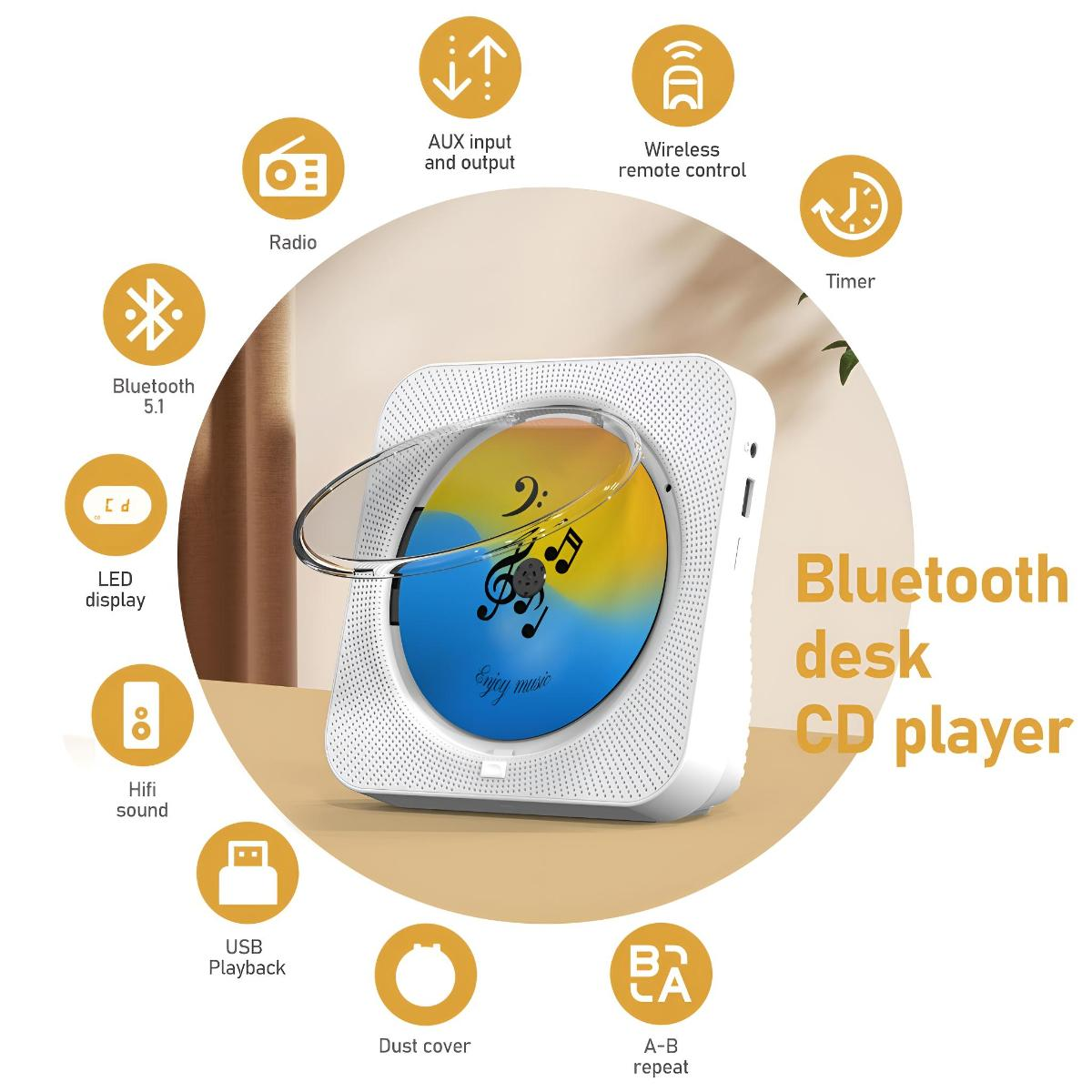 Weißer CD-Player für den Schreibtisch mit transparentem Deckel, umgeben von Funktionssymbolen.