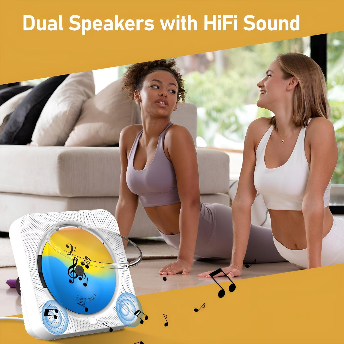 Zwei Frauen machen Yoga mit einem weißen Musikplayer. Noten schweben herum.