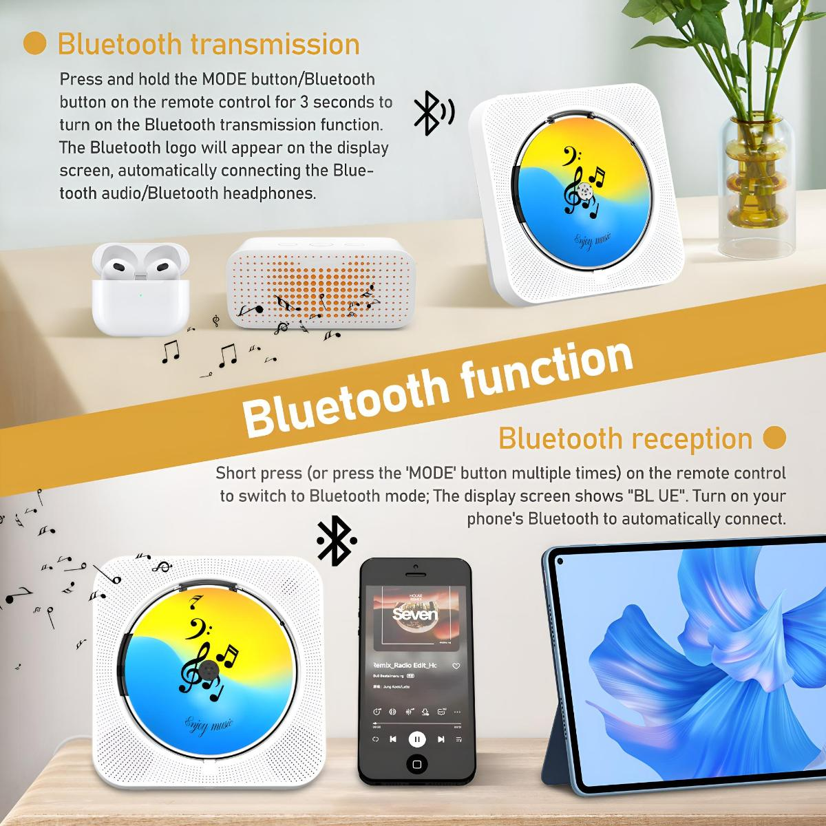 Bluetooth-Gerät mit Musikanzeige und weitere Geräte mit Bluetooth-Funktionen. Weißer Hintergrund.
