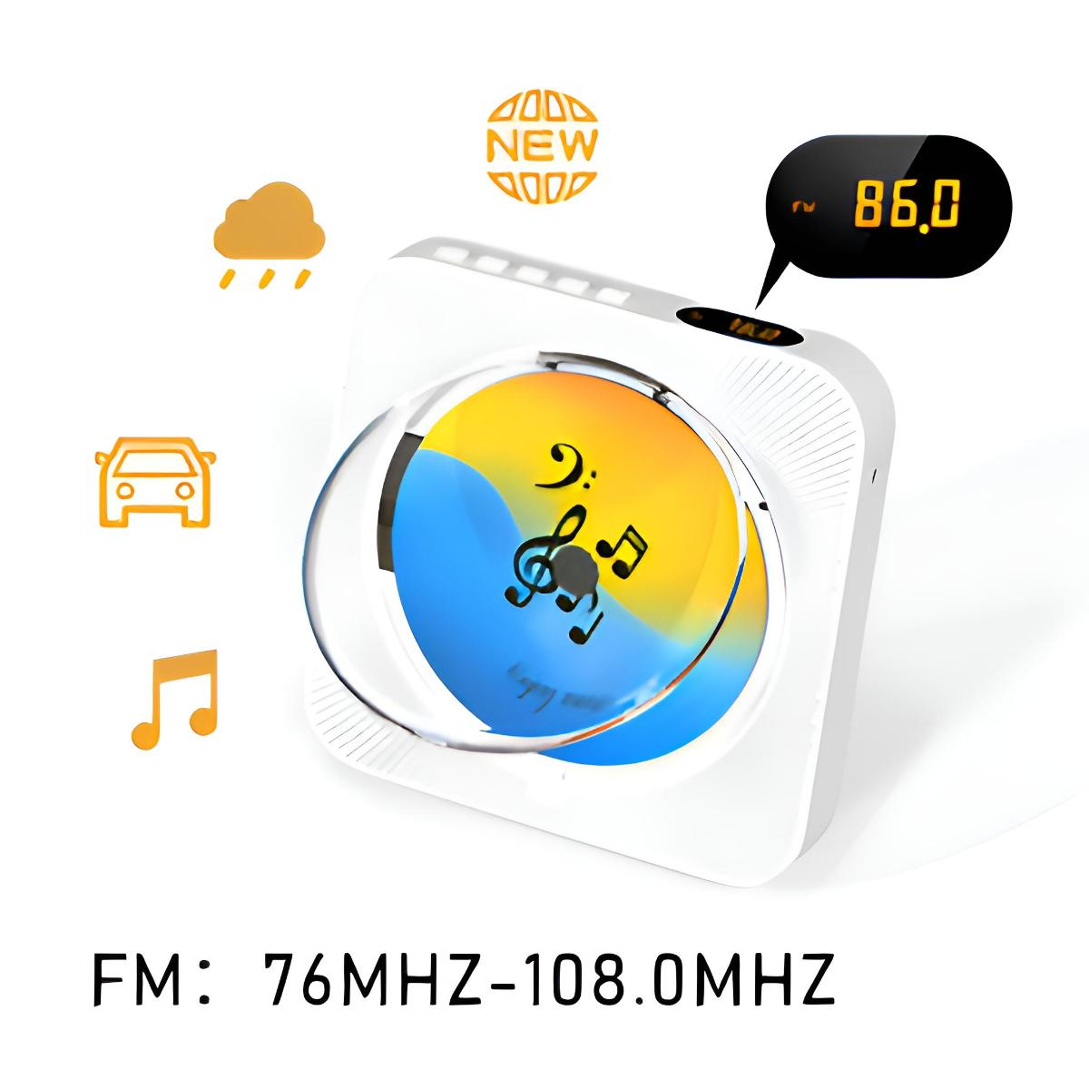 Ein weiß-silberner tragbarer CD-Player mit Display (86,0). Verschiedene Symbole drumherum.